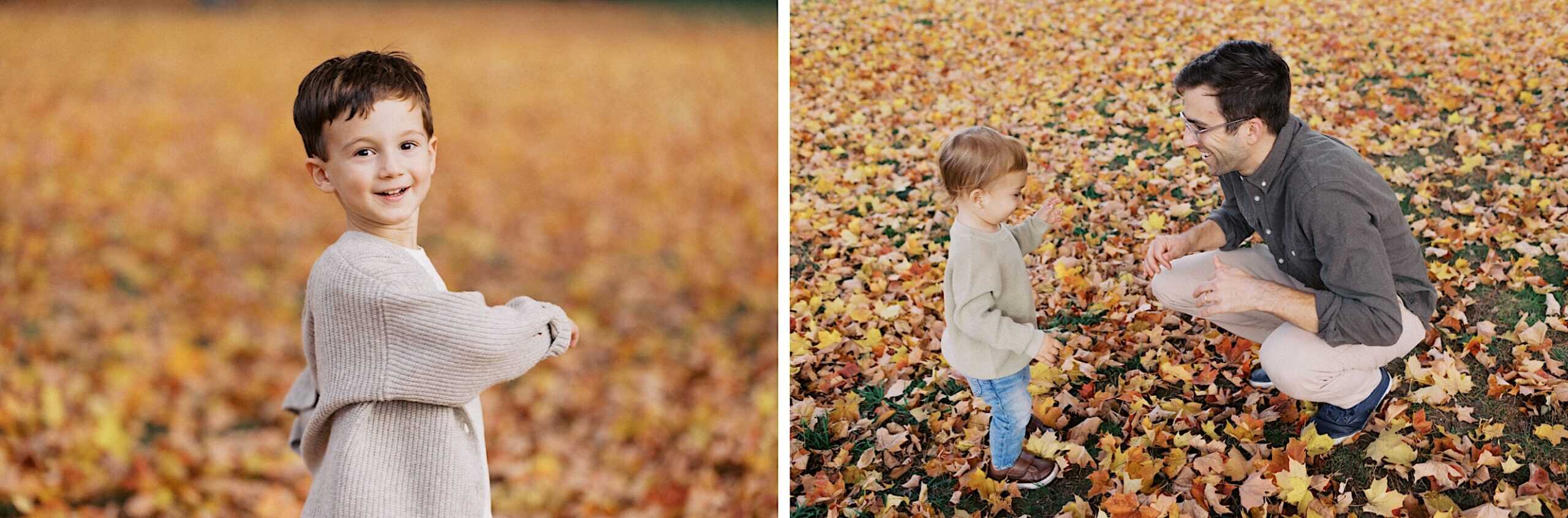 Left: A young child smiles and turns in a field of autumn leaves. Right: A child and an adult crouch and interact among fallen autumn leaves.