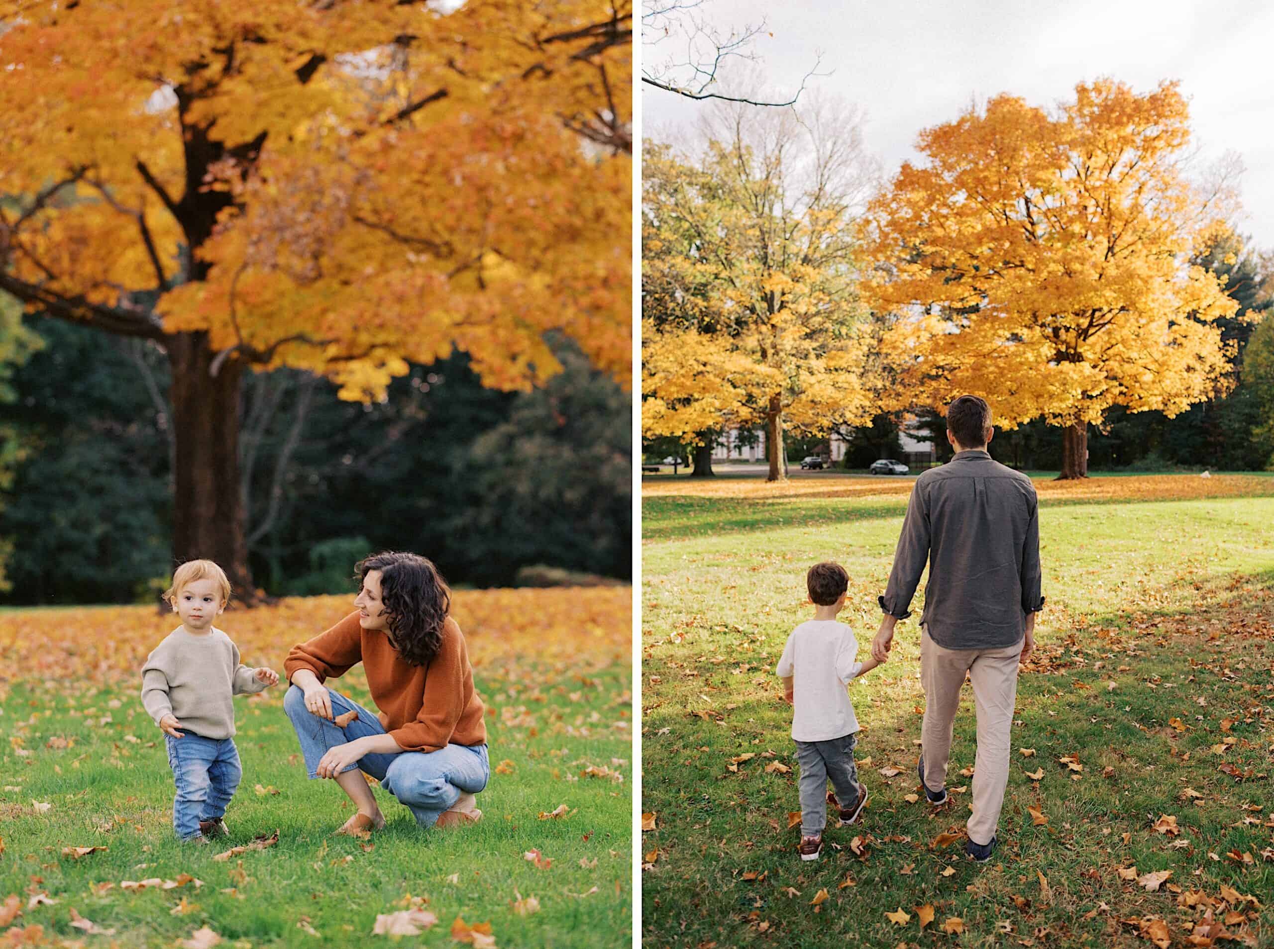 Two side-by-side photos of people in a park with autumn foliage: a woman with a young child on the left, and a man walking with two children on the right.