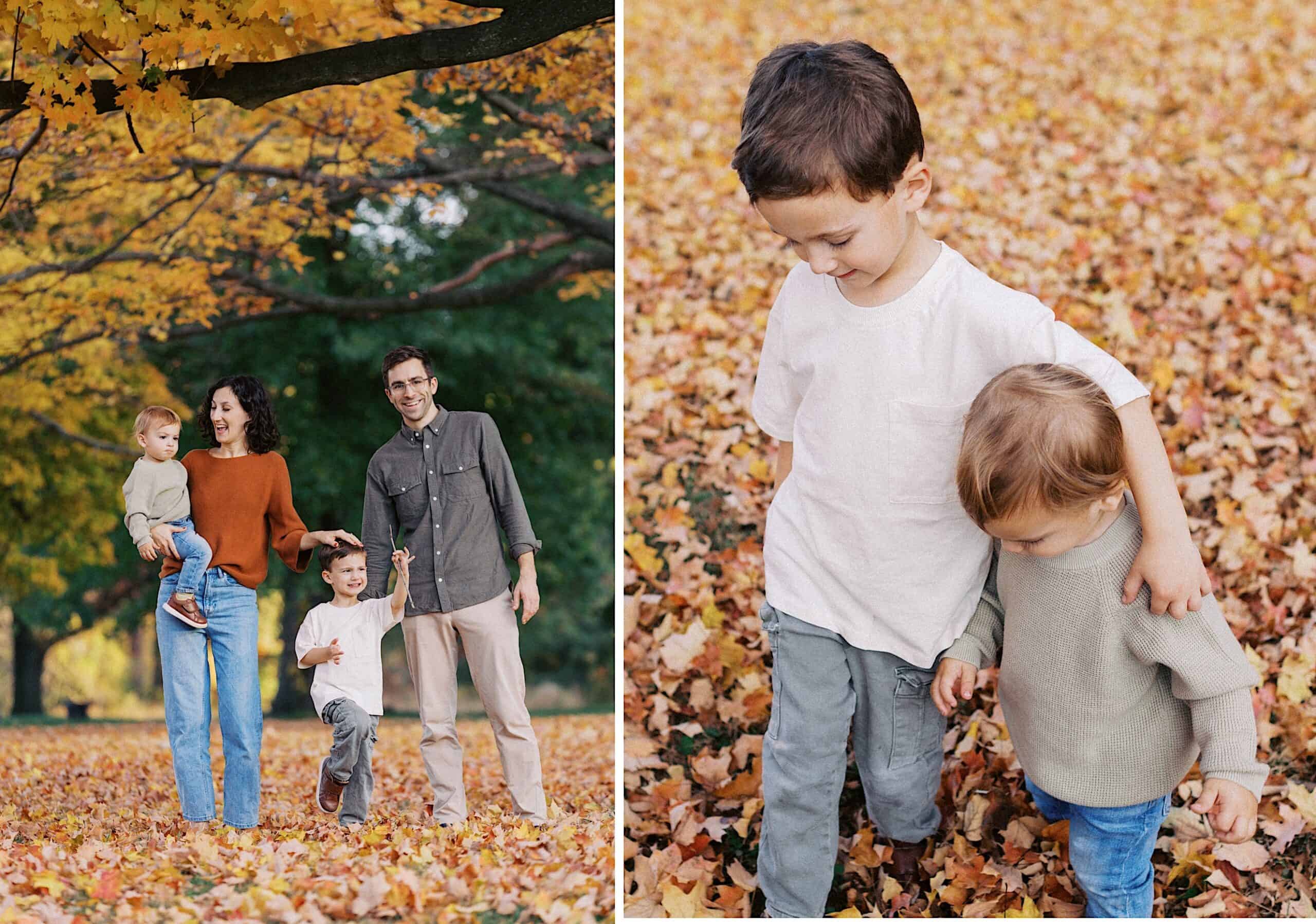 A family of four walks in autumn leaves; in a close-up, two children walk together surrounded by fallen leaves.