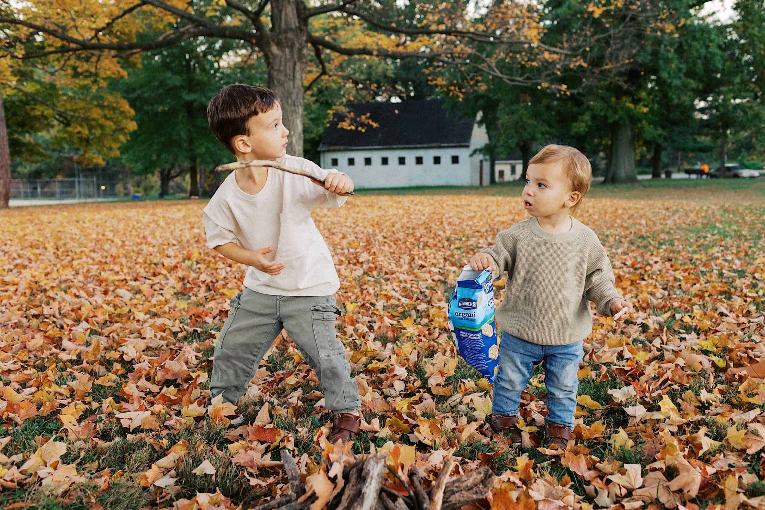 Two young children stand on autumn leaves in a park; one holds a stick, and the other holds a carton of animal crackers. Trees and a building are visible in the background.