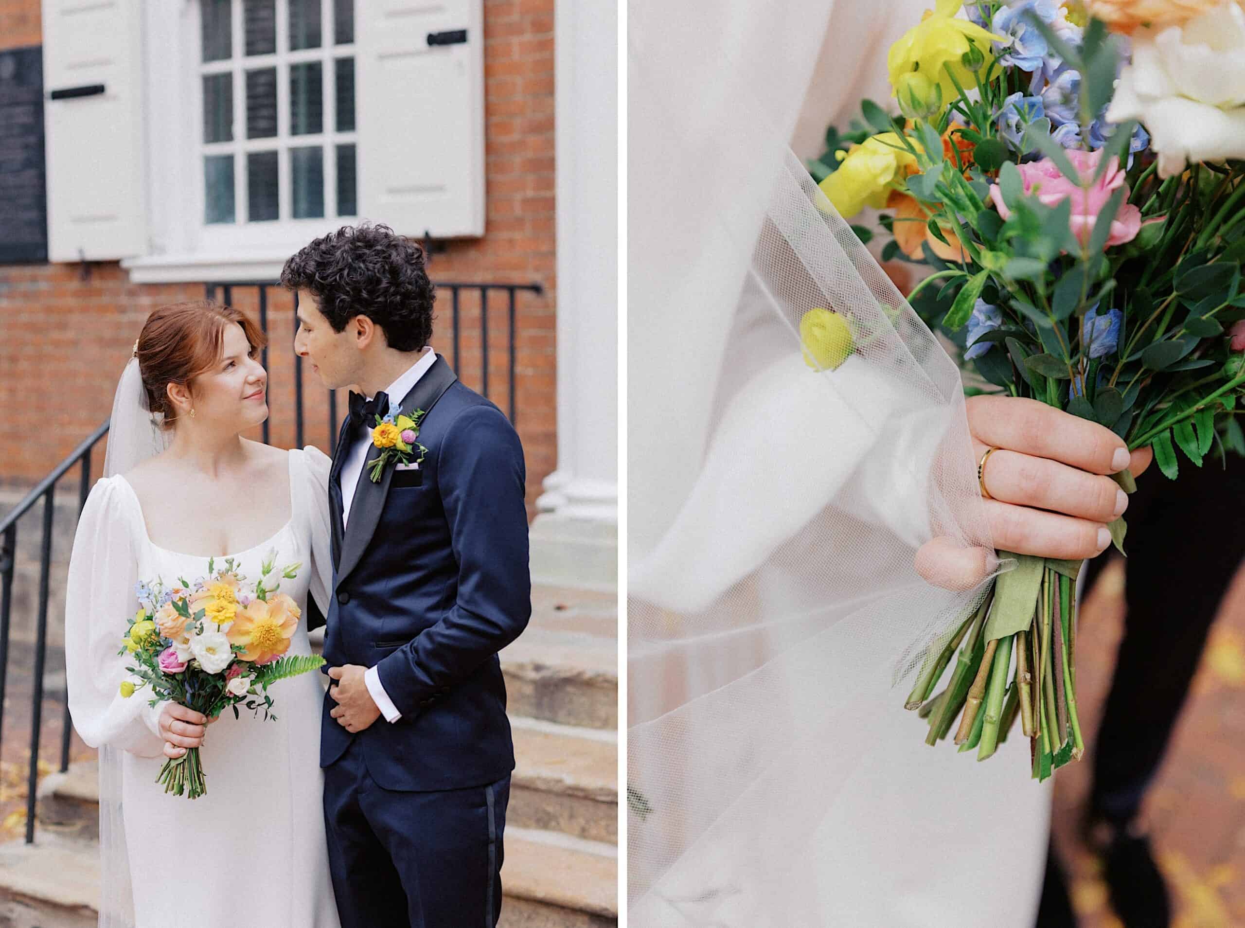 A bride and groom stand together holding bouquets; a close-up shows the bride’s hand holding a colorful bouquet with a gold ring visible.