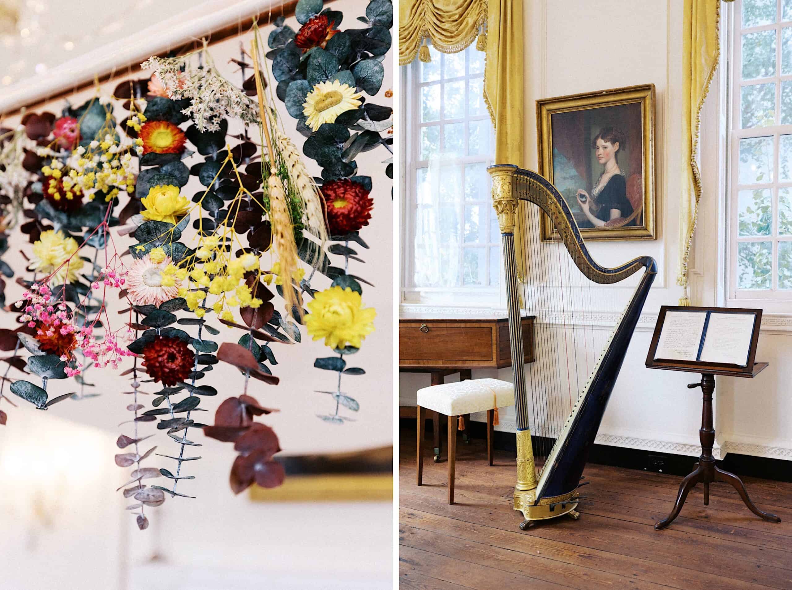 Left: Hanging floral arrangement with yellow and red flowers. Right: Harp next to a music stand and stool, with a portrait and windows in the background.