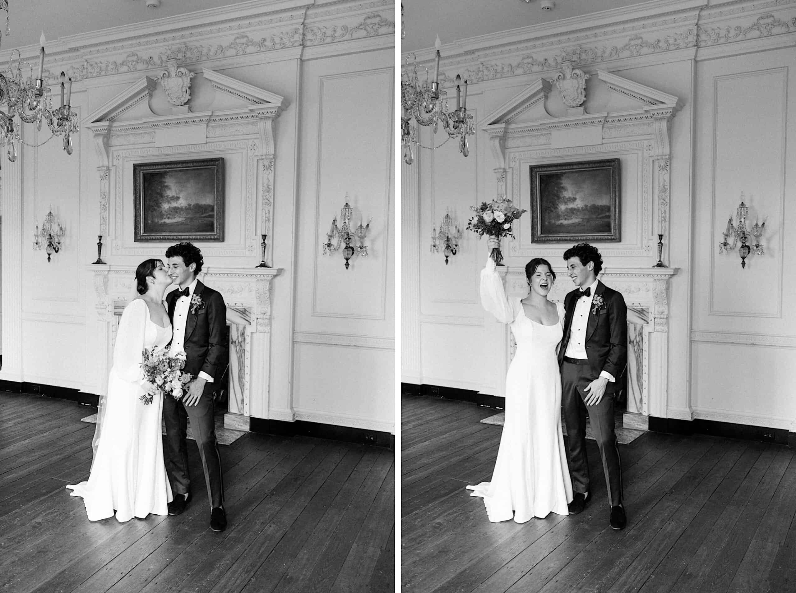 A bride and groom stand together in an elegant room with a fireplace; the bride holds a bouquet, raising it and smiling in the second photo.