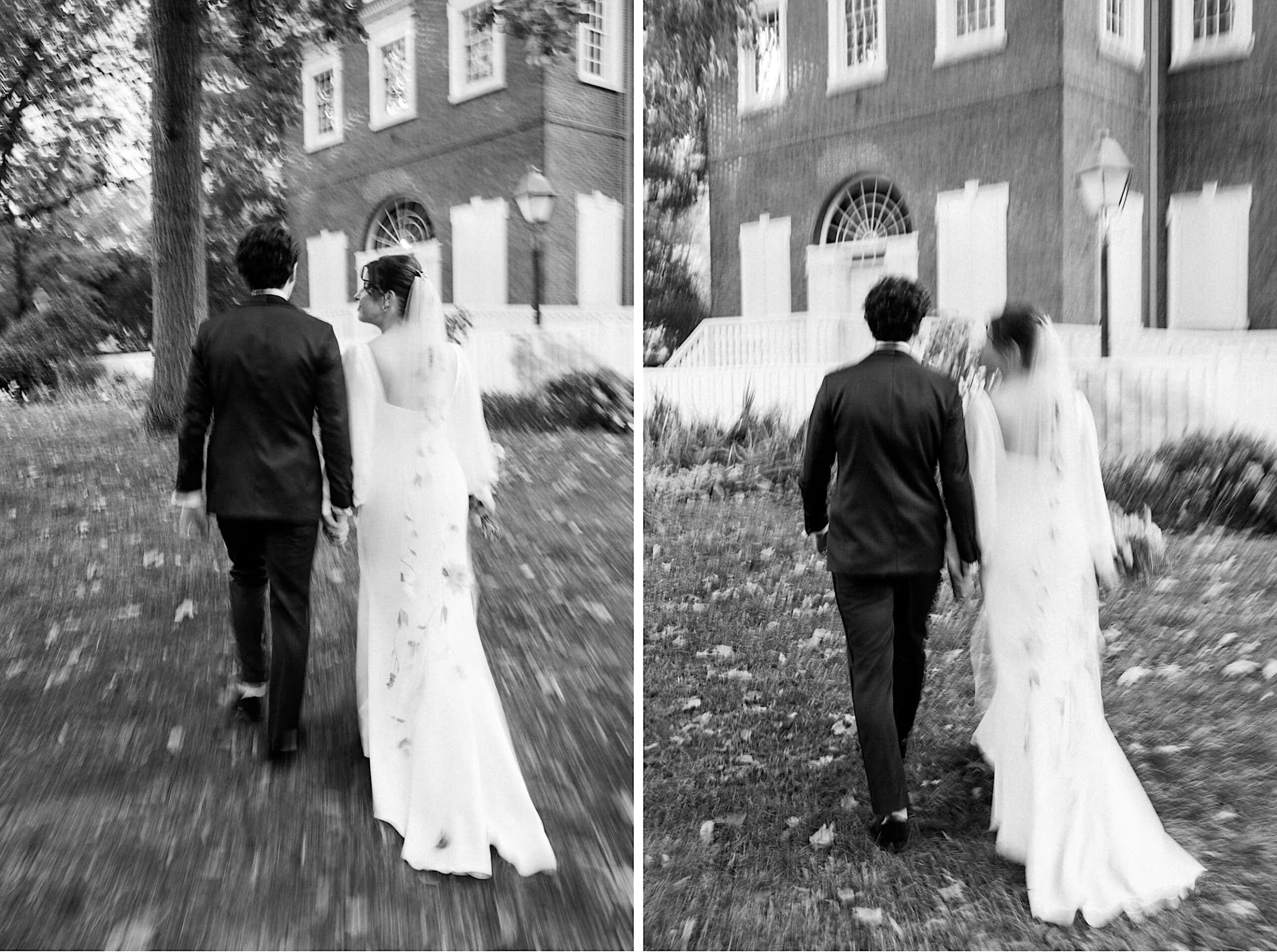 Two black-and-white photos show a bride and groom holding hands and walking away outdoors, with a large brick building in the background. Both images are slightly blurred.