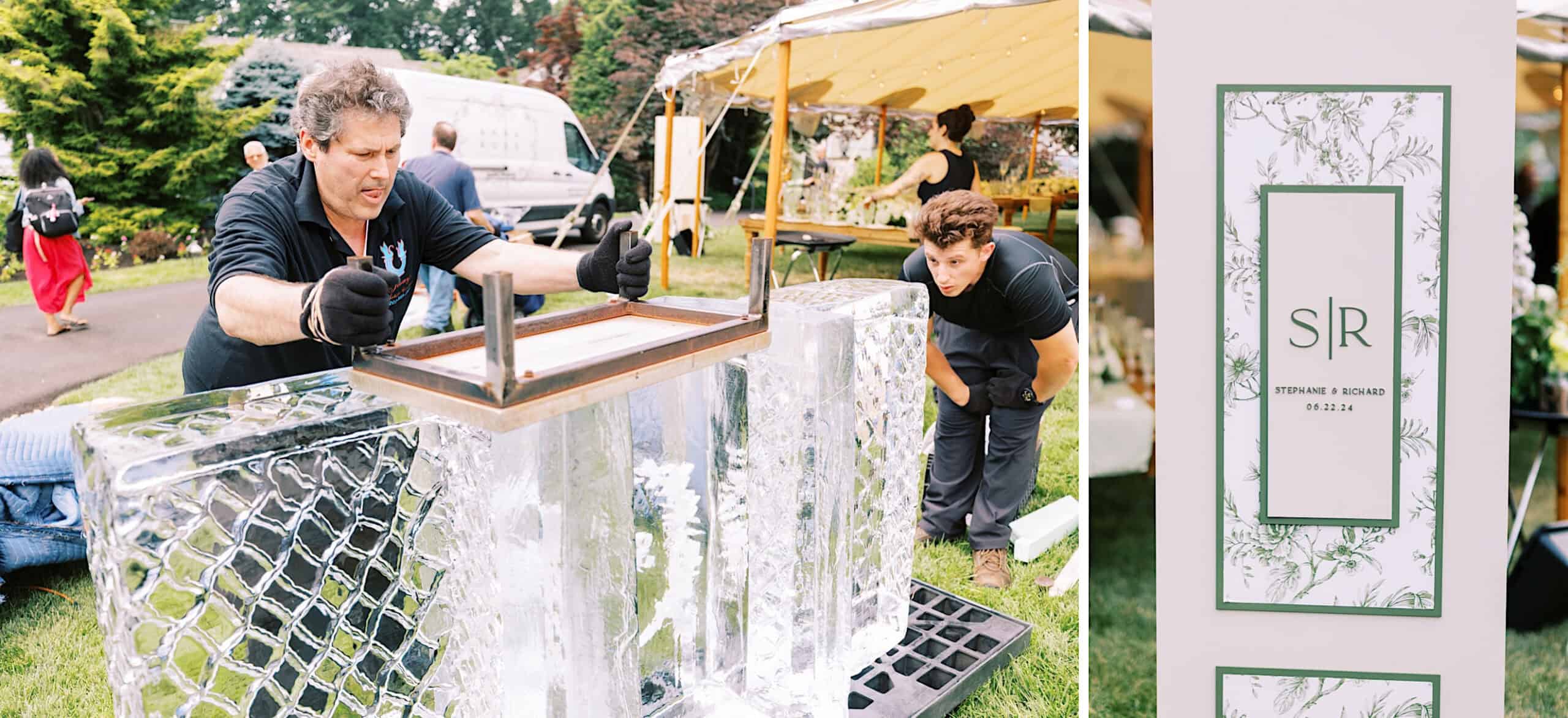 Two people assemble large ice blocks outdoors using a frame for support at a romantic backyard wedding in NJ; a wedding event sign with initials "S R" is shown on the right.