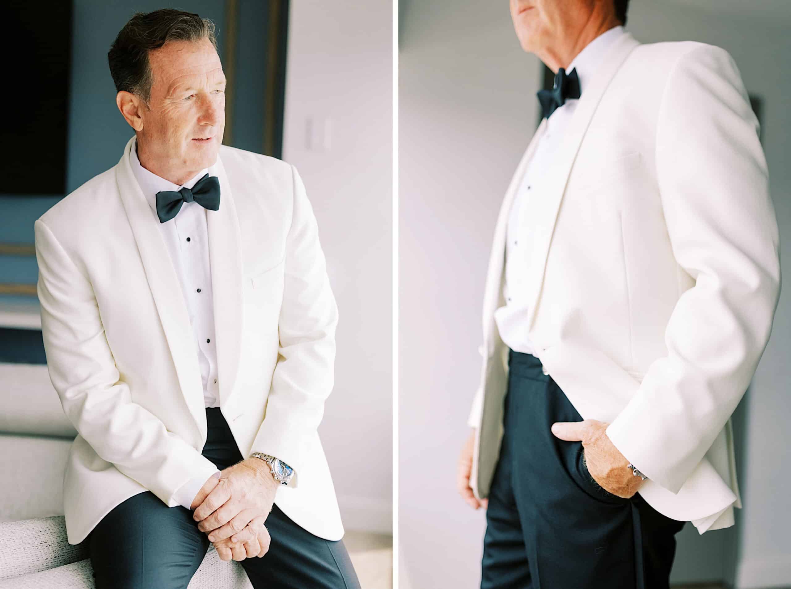 A man in a white tuxedo jacket with a black bow tie and black pants is shown sitting and standing indoors, ready for a romantic backyard wedding in NJ.