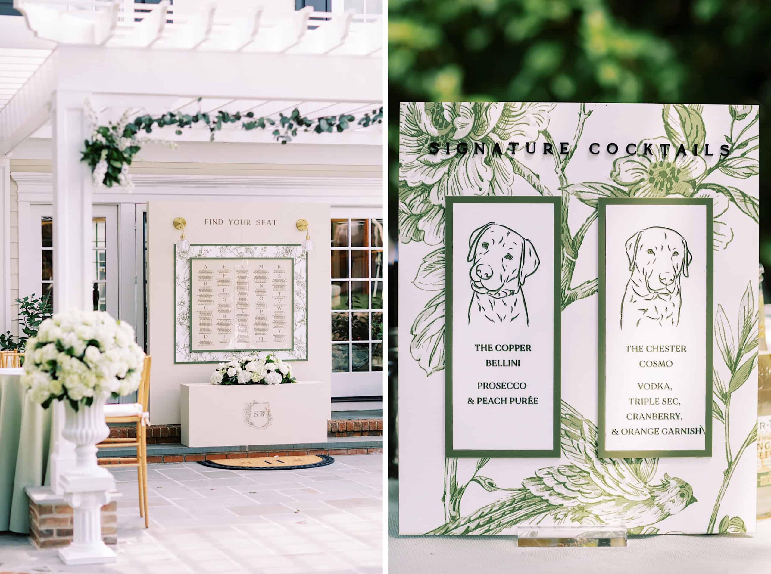 At a romantic backyard wedding in NJ, a wedding seating chart and signature cocktail menu featuring illustrated dog portraits are displayed outdoors amid beautiful floral decorations.