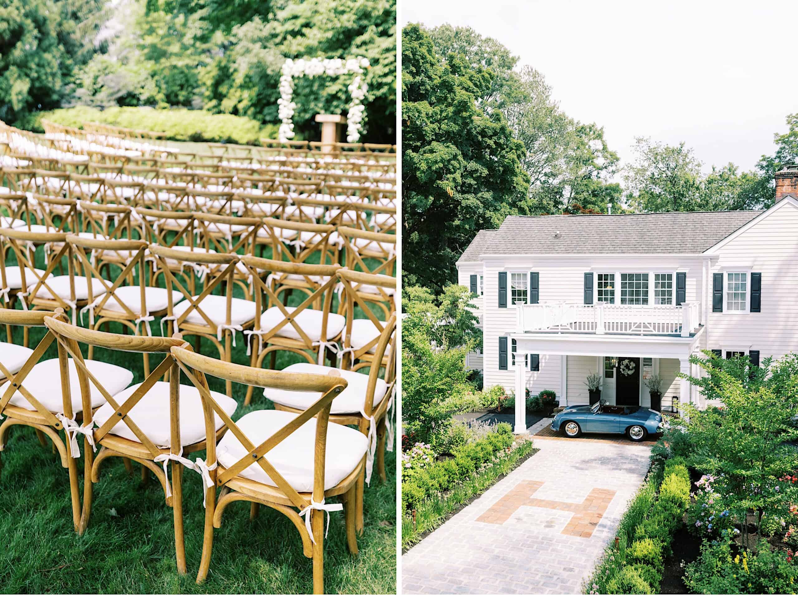 Left: Rows of wooden chairs set up outdoors for a romantic backyard wedding in NJ. Right: A white two-story house with a car parked in the driveway, surrounded by lush greenery.