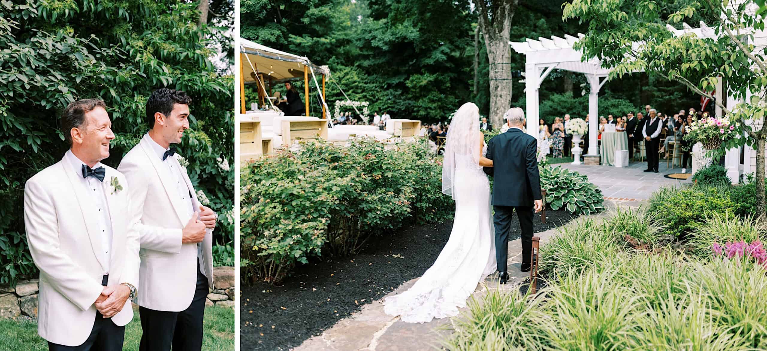At a romantic backyard wedding in NJ, a bride in a white dress walks down an outdoor aisle with an older man, while two men in white tuxedos wait at the altar and guests are seated nearby.