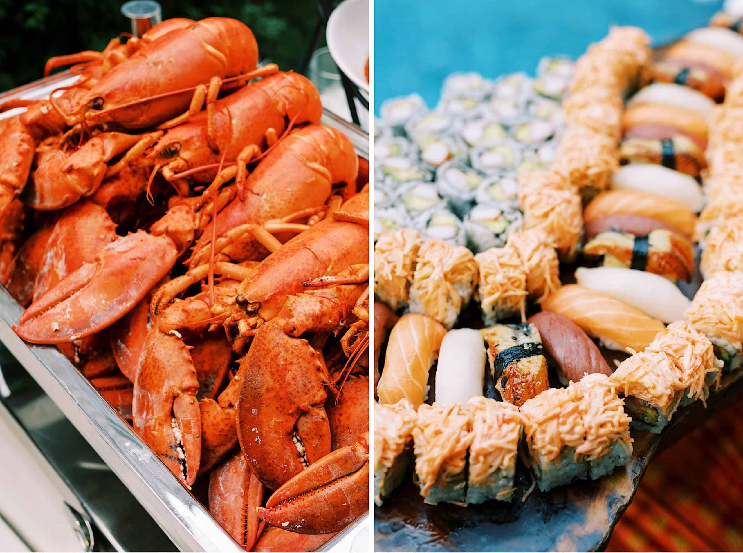 A tray of cooked lobsters on the left and an assortment of sushi and maki rolls on a platter on the right, perfect for a romantic backyard wedding in NJ.