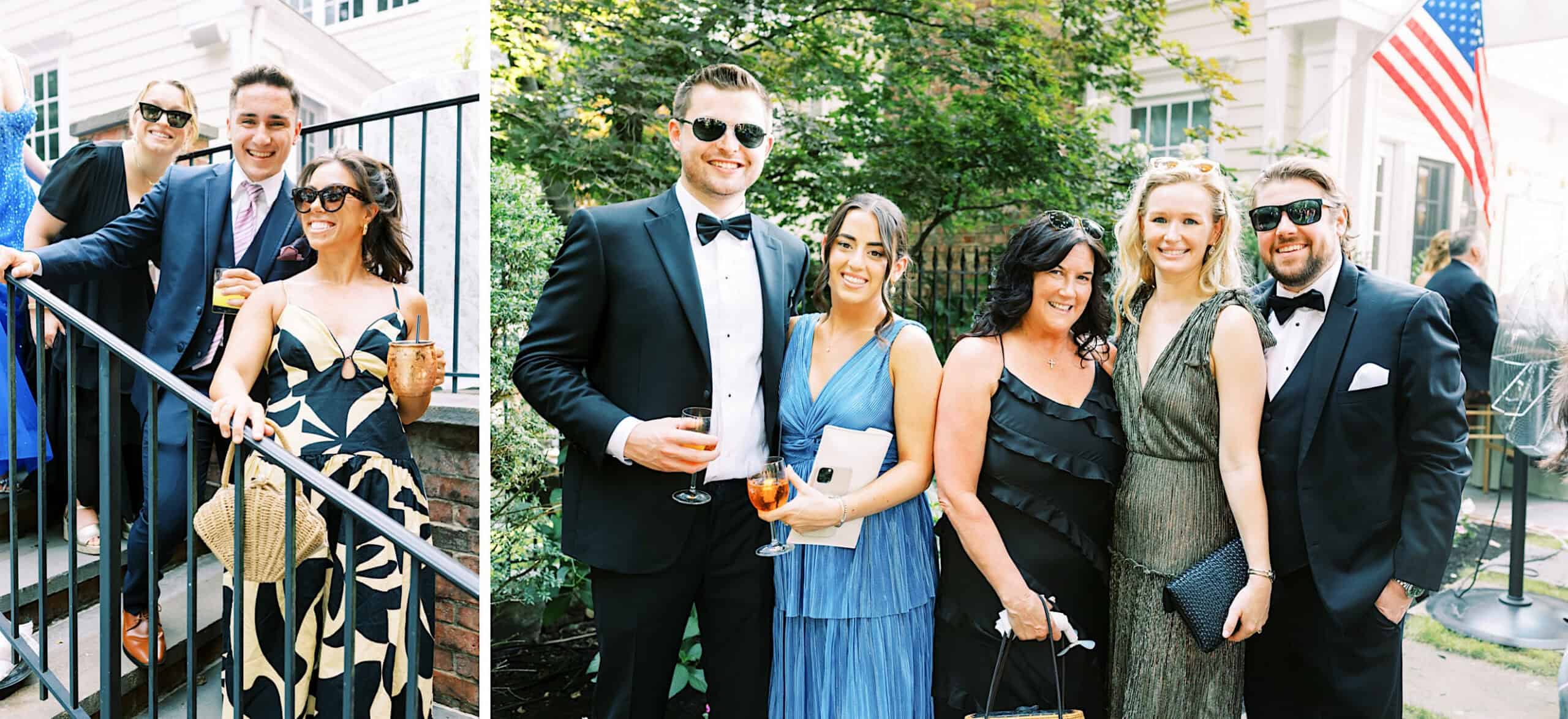 Two groups of people dressed in formal attire pose and smile outdoors at a romantic backyard wedding in NJ, with greenery and a U.S. flag in the background.