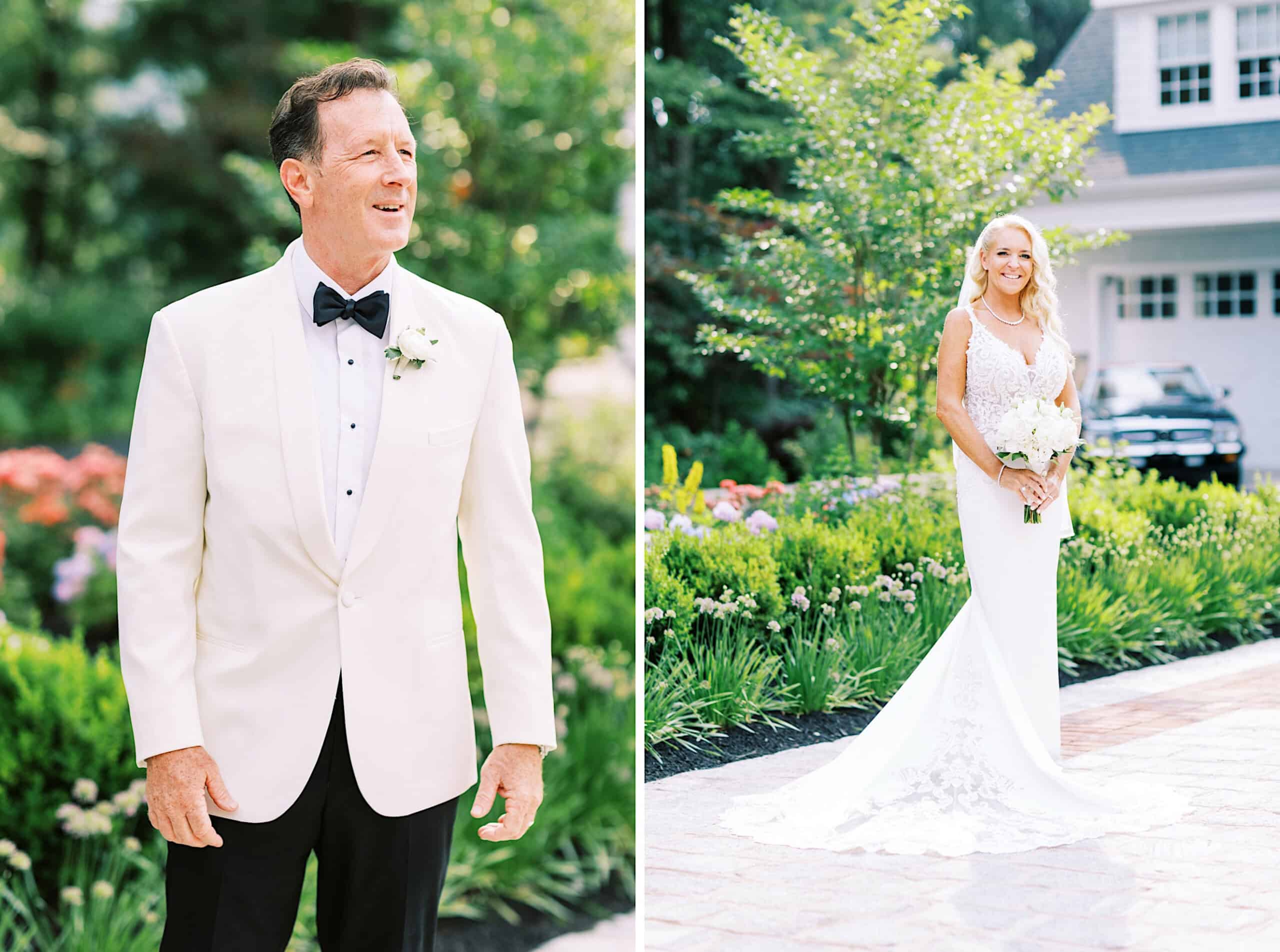 Split image: On the left, a man in a white tuxedo and black bow tie stands outdoors. On the right, a woman in a white wedding gown holds a bouquet in a garden during their romantic backyard wedding in NJ.