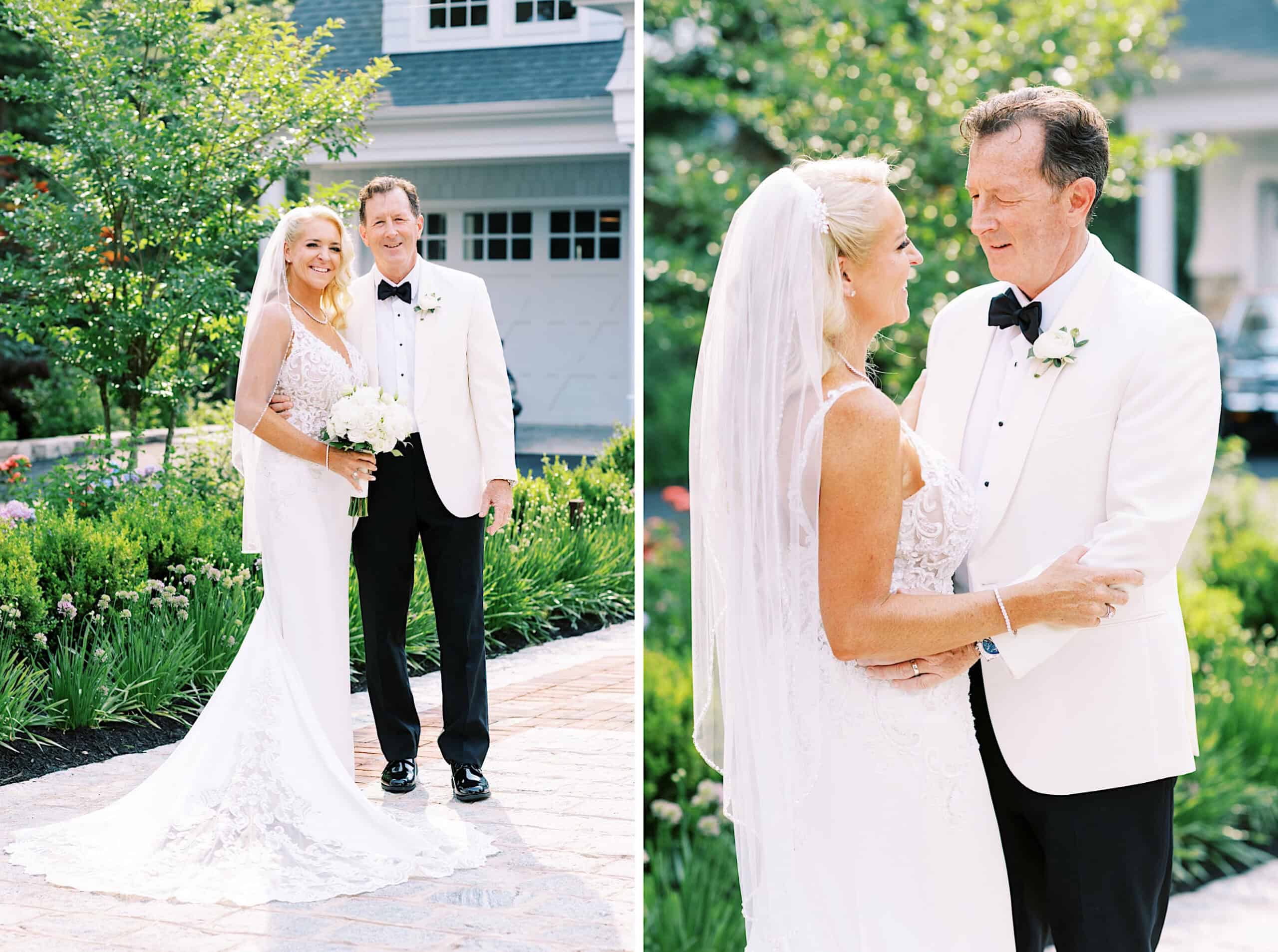 A bride and groom in white formal attire stand outdoors, smiling and posing for wedding photos during their romantic backyard wedding in NJ.