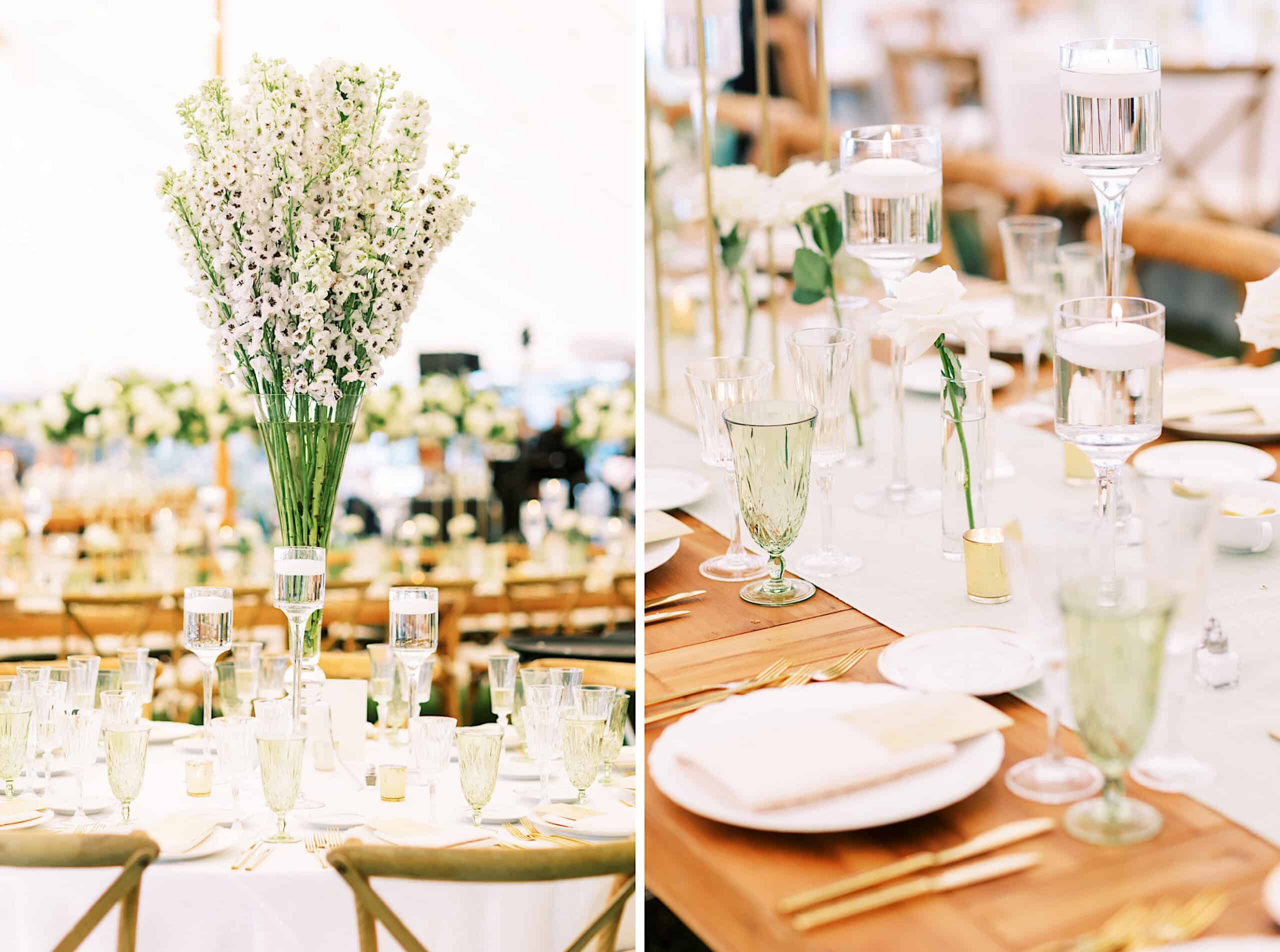 Elegant wedding table settings for a romantic backyard wedding in NJ, featuring green glassware, gold cutlery, white plates, floating candles, and a tall floral centerpiece with white flowers.