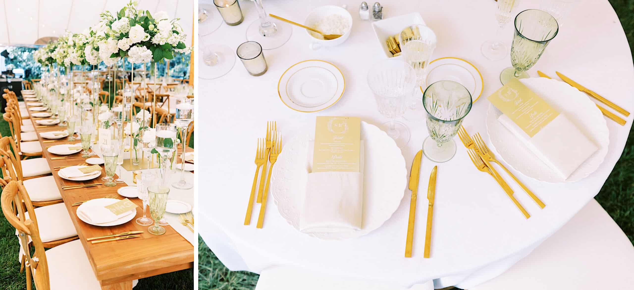Elegant wedding table settings with white linens, gold cutlery, green glasses, floral centerpieces, and menus placed on plates—perfect for a romantic backyard wedding in NJ.