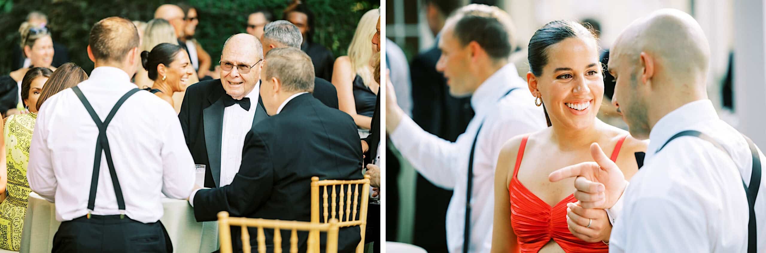 Two photos side by side: people at a romantic backyard wedding in NJ, dressed in suits and evening wear, talking and socializing in groups at an outdoor formal event.
