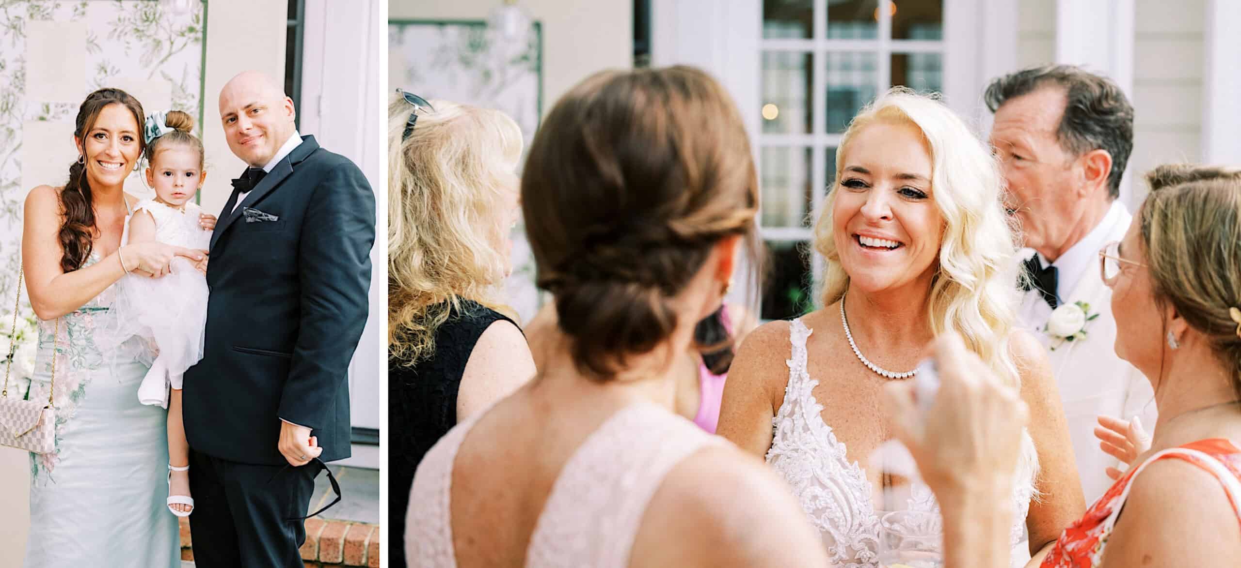 Two photos: On the left, a group poses with a young girl in a dress. On the right, adults in formal attire converse and smile at a romantic backyard wedding in NJ.