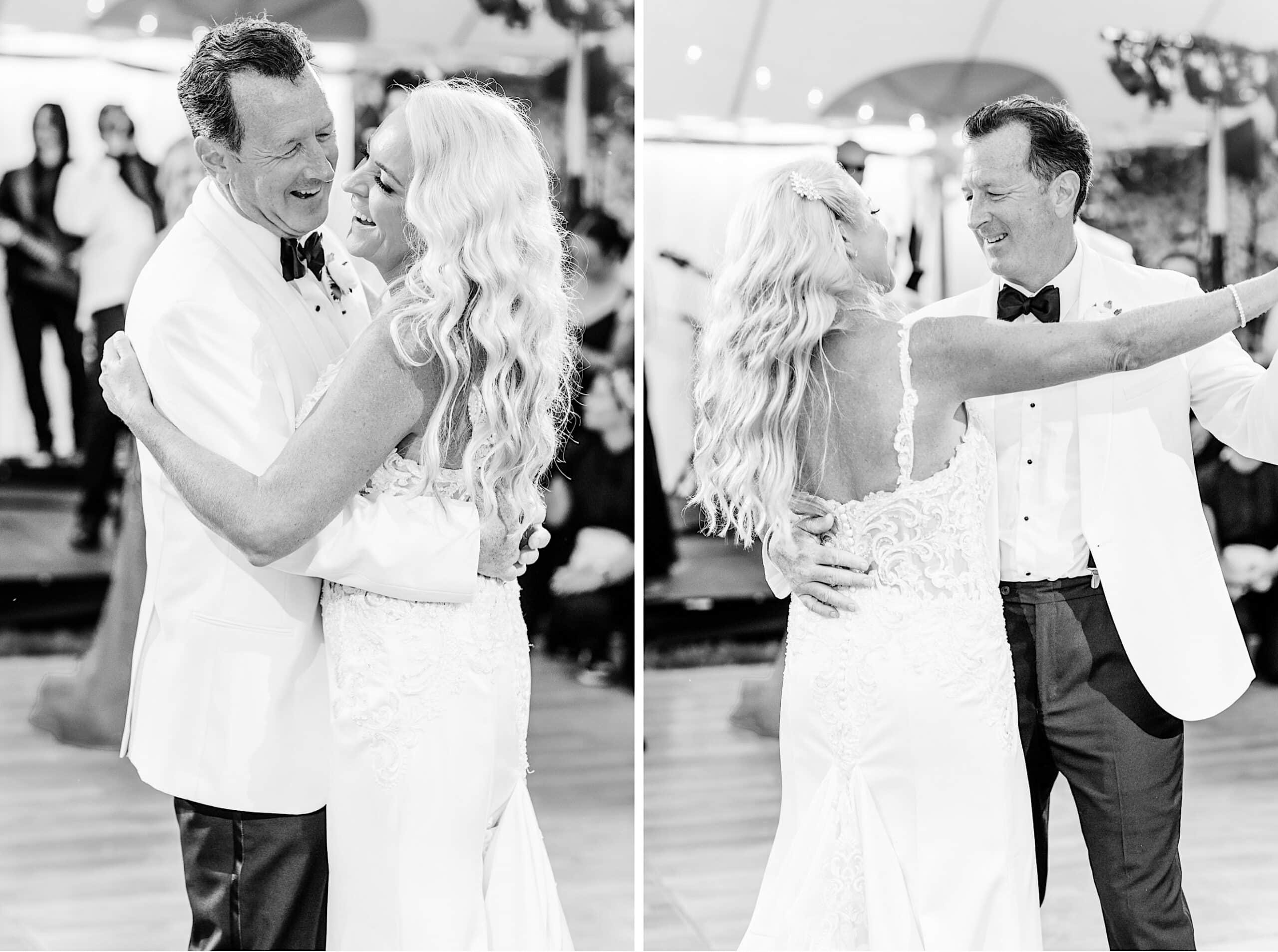 A bride and groom, both in formal attire, share a dance and smile at each other during their romantic backyard wedding in NJ.
