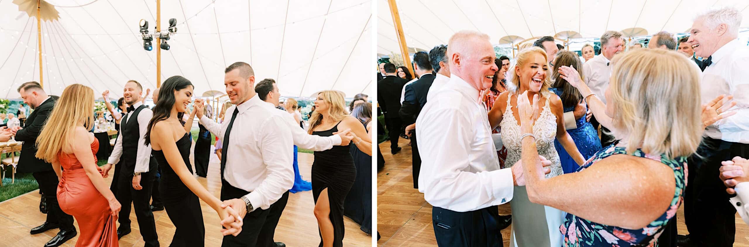 People dressed formally are dancing and celebrating together inside a large, tented venue at a romantic backyard wedding in NJ, with joyful expressions and applauding guests in the background.