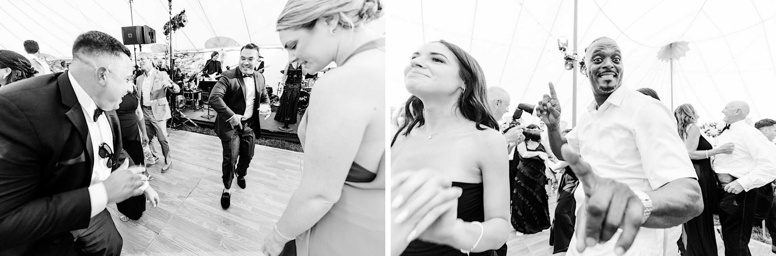 Two black-and-white photos capture people dressed formally, dancing and enjoying themselves at what appears to be a romantic backyard wedding in NJ.