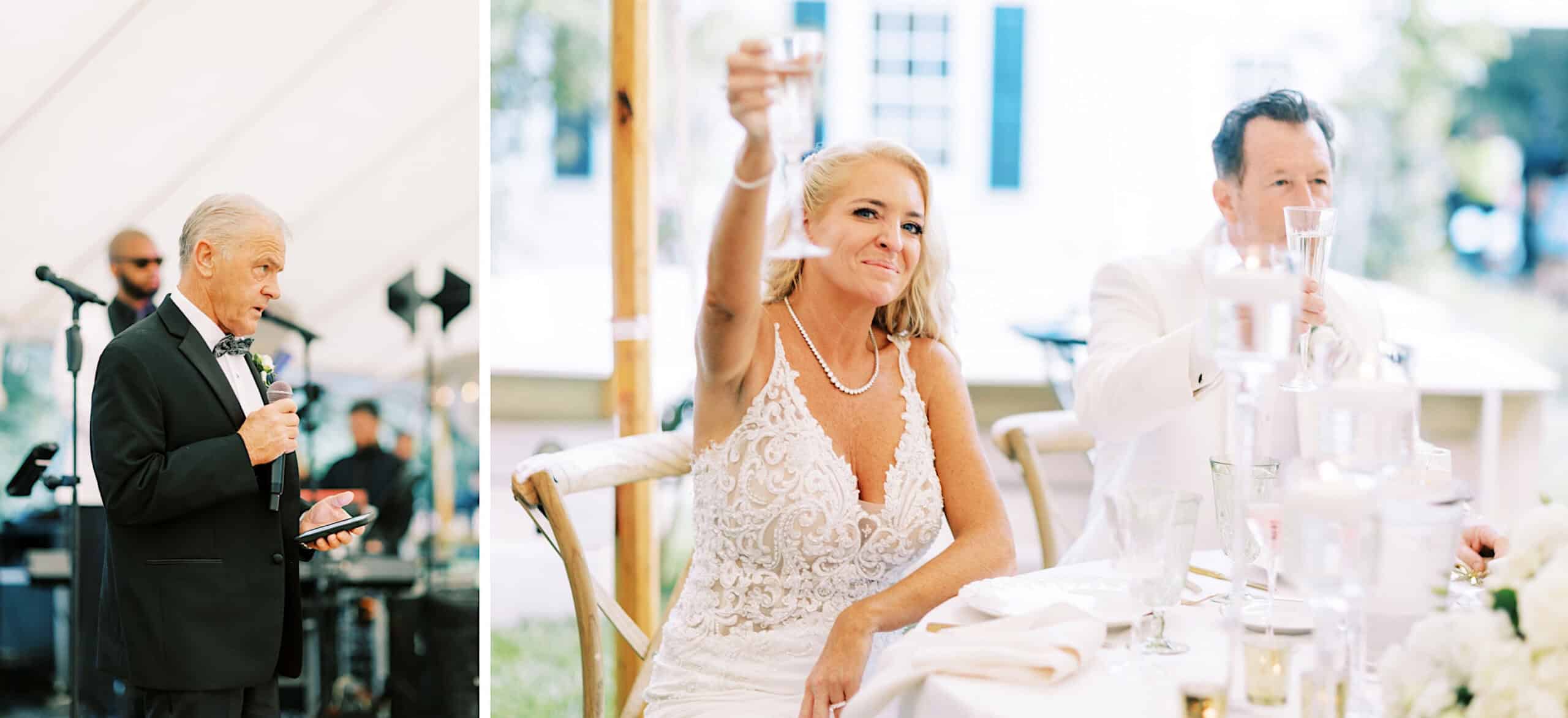 An older man gives a speech with a microphone as the bride and groom raise glasses for a toast during their romantic backyard wedding in NJ.