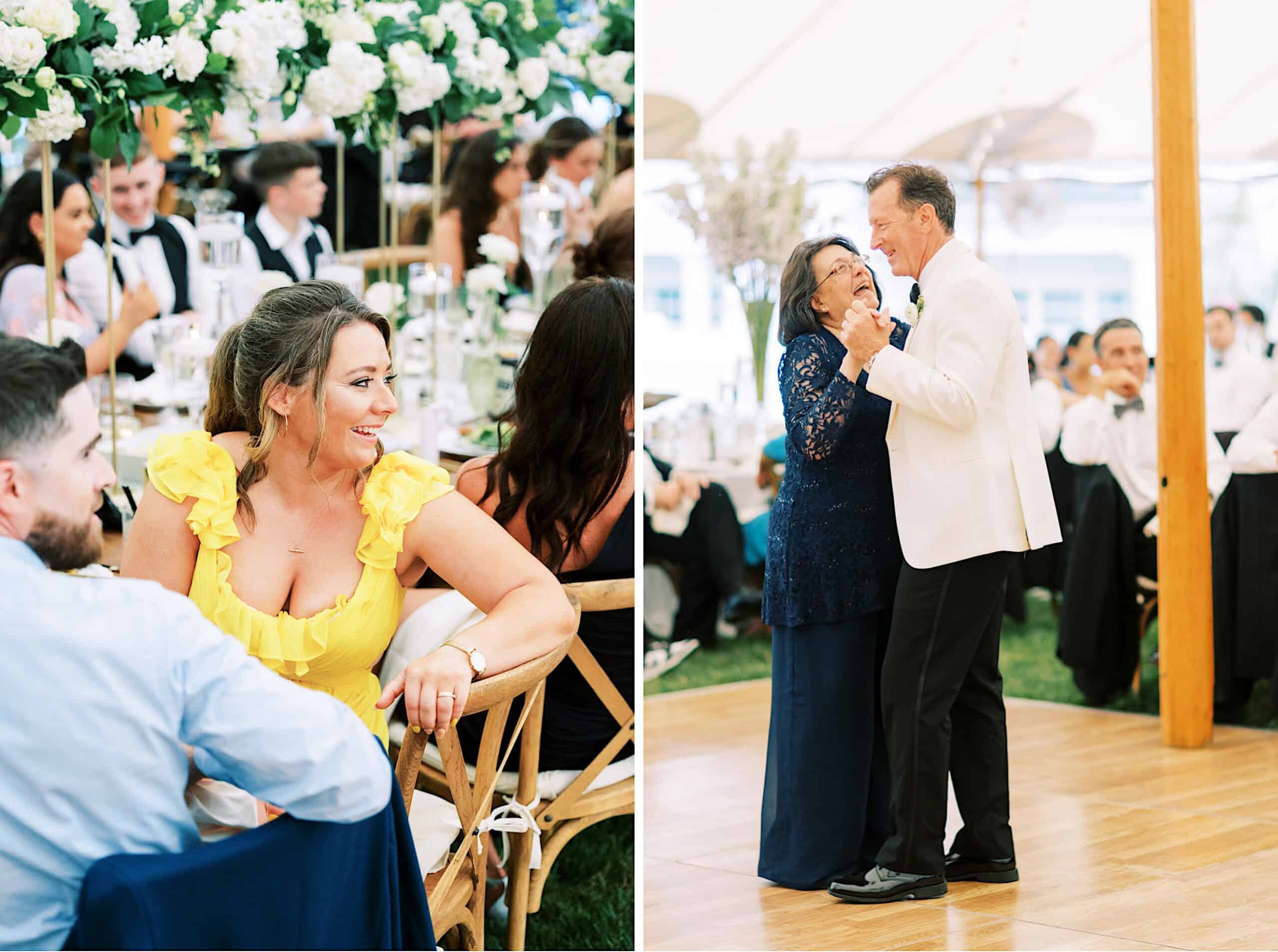 At a romantic backyard wedding in NJ, a woman in a yellow dress smiles at a table while, nearby, a man in a white jacket dances with an older woman in a navy dress at the formal celebration.