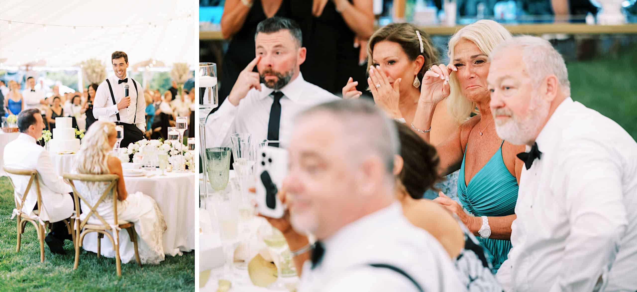 At a romantic backyard wedding in NJ, a man in formal attire gives a heartfelt speech outdoors while seated guests, some visibly emotional, listen at decorated tables under a white tent.