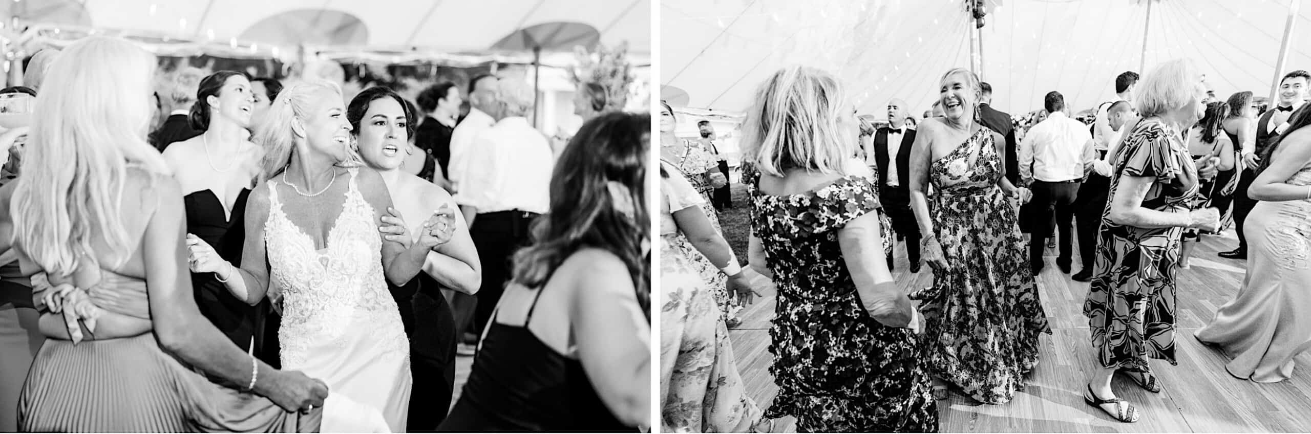 Black and white photos of people dancing and celebrating at a romantic backyard wedding in NJ, with women in dresses and men in formal attire.