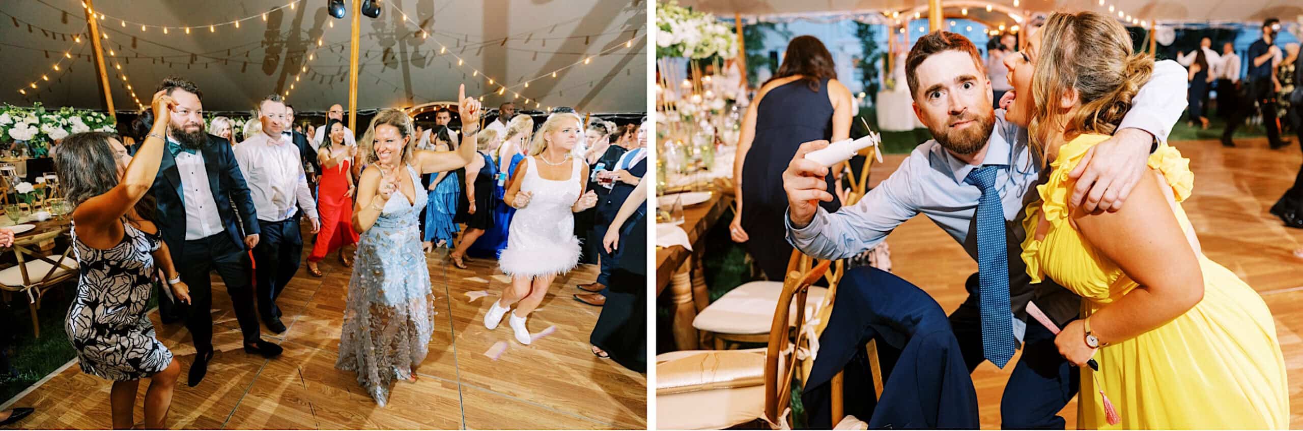 Two photos: left shows people dancing at a romantic backyard wedding in NJ under a tent with string lights; right captures a man and woman taking a playful selfie at the event.