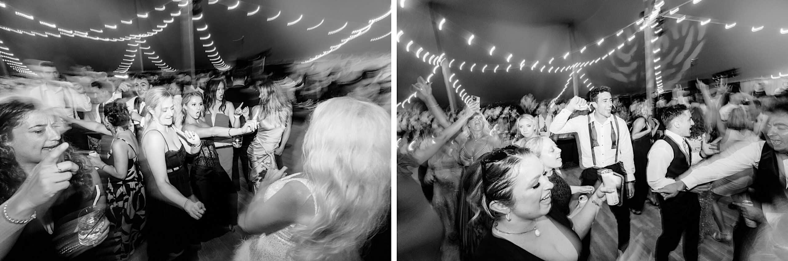 Two black-and-white photos capture groups of people dancing and celebrating at a lively romantic backyard wedding in NJ, with string lights glowing overhead.