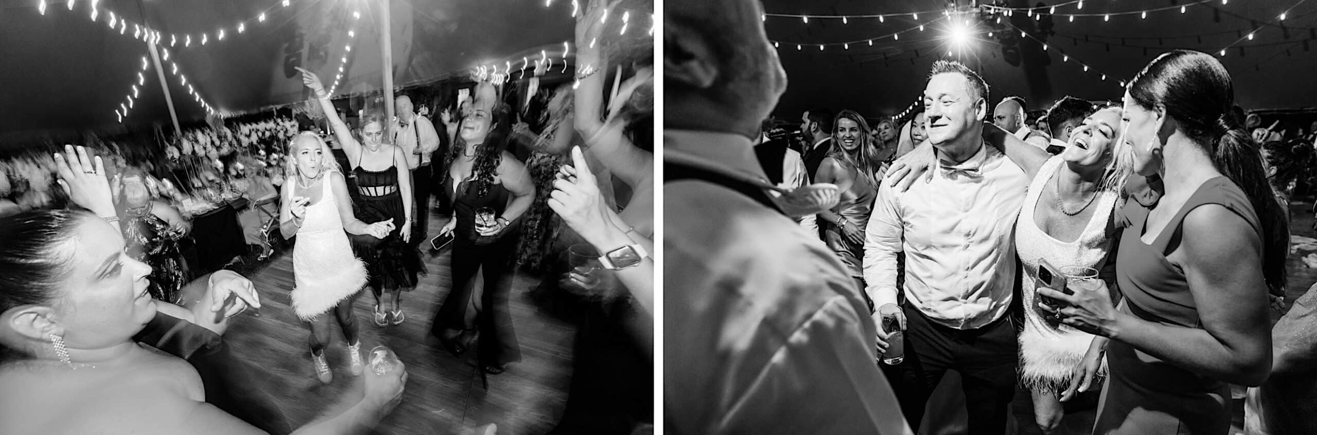 Two black and white photos capture people dancing and celebrating at a lively romantic backyard wedding in NJ, with string lights glowing overhead.