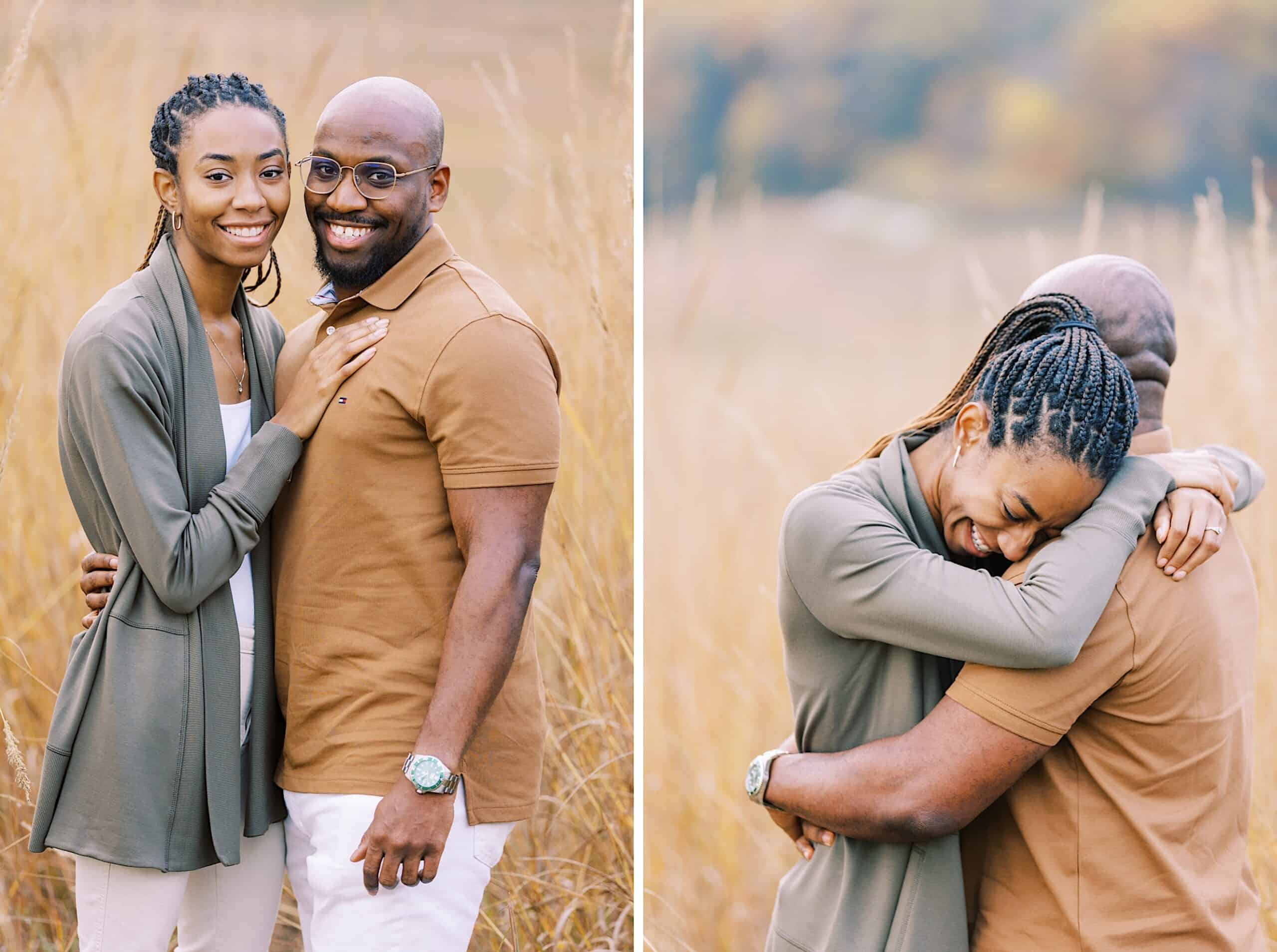 Two people stand together in a field, smiling in one photo and embracing in the other, dressed in casual earth-toned clothing.