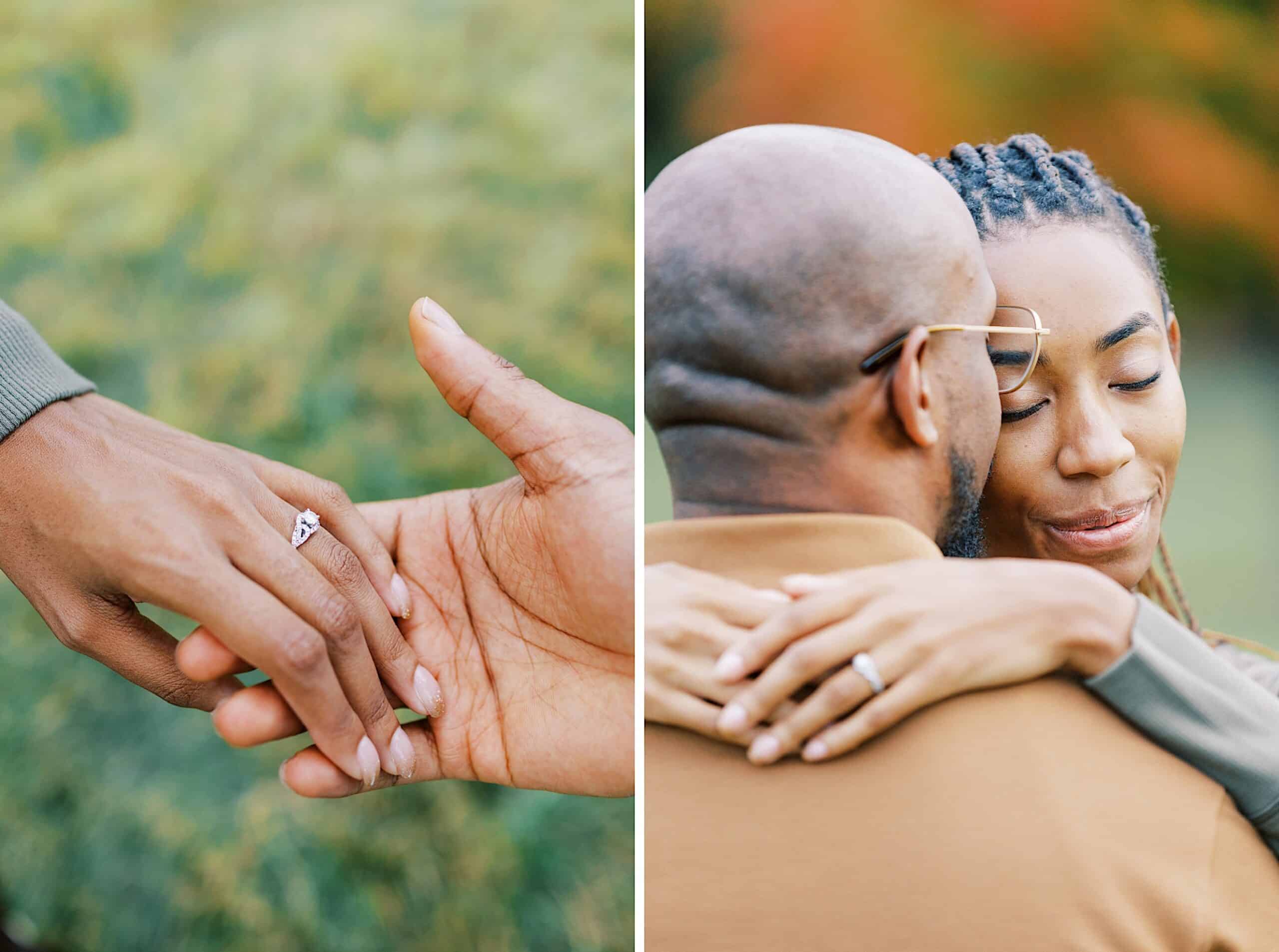 A close-up of a hand with an engagement ring, followed by a couple embracing, with the ring visible on the woman's hand.