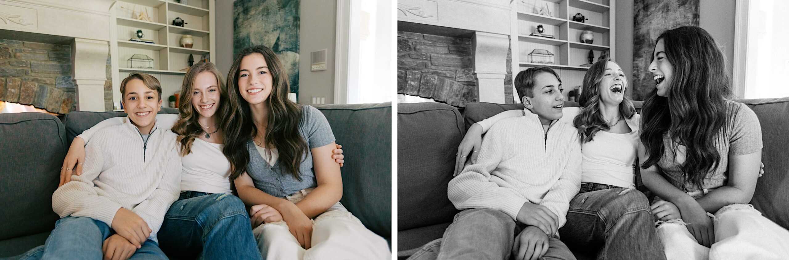 Three teenagers sit closely together on a couch in a living room, smiling and interacting with each other. The image is shown in both color and black and white.