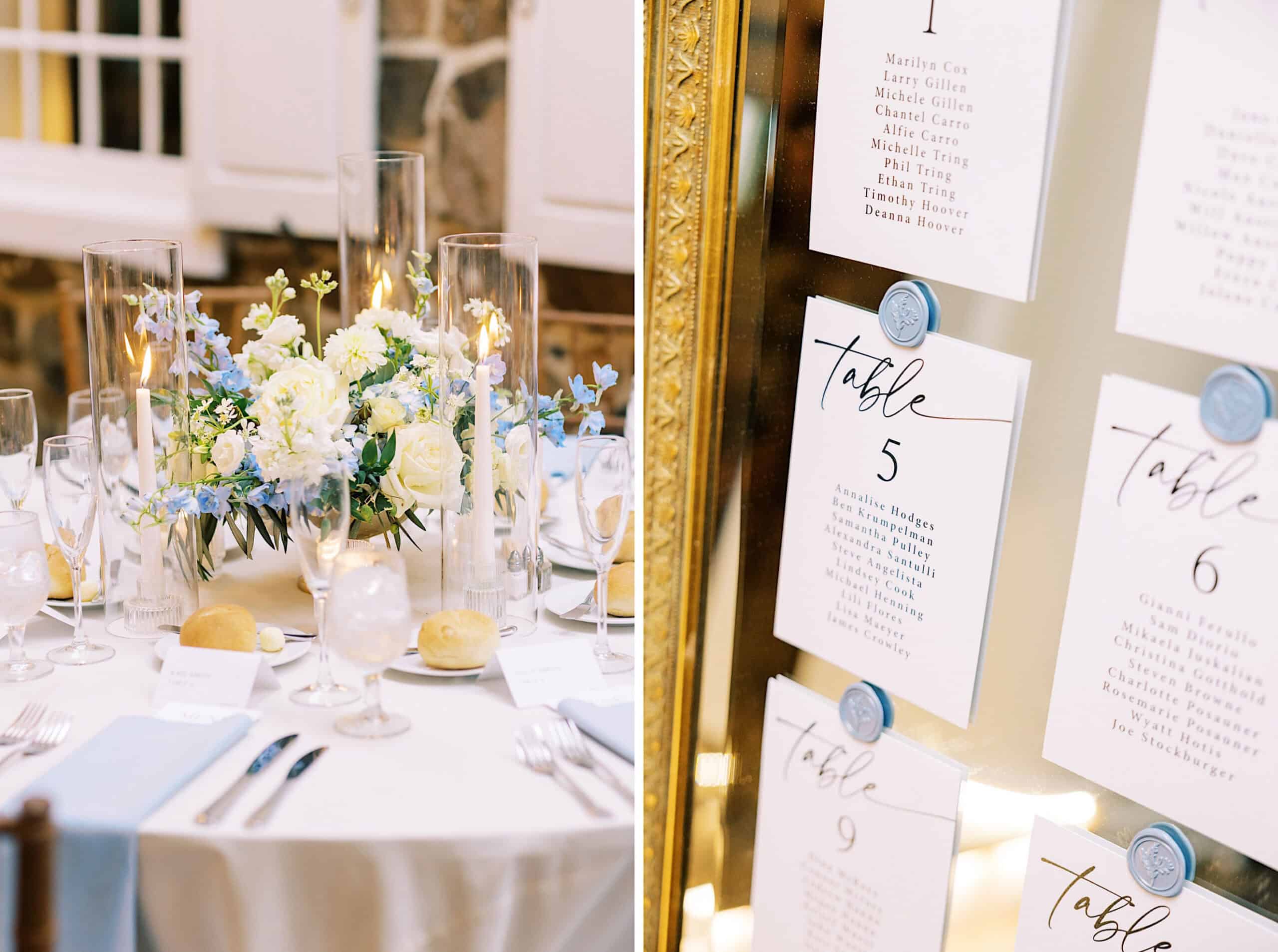 A formal table setting with floral centerpiece, glassware, and place cards is shown next to a gold-framed seating chart at a Summer Wedding at Appleford Estate, featuring assigned table numbers and guest names.