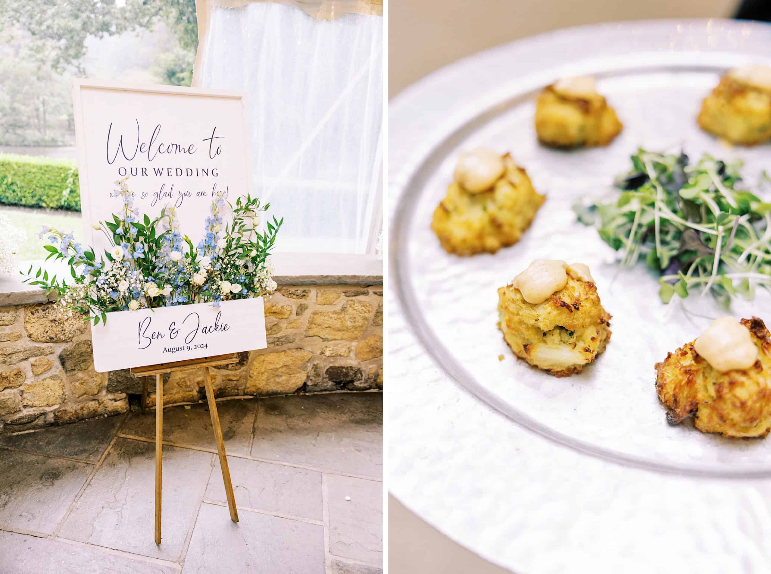 A wedding welcome sign with flowers stands on an easel at a Summer Wedding at Appleford Estate; next to it, a plate with five small appetizers garnished with greens.