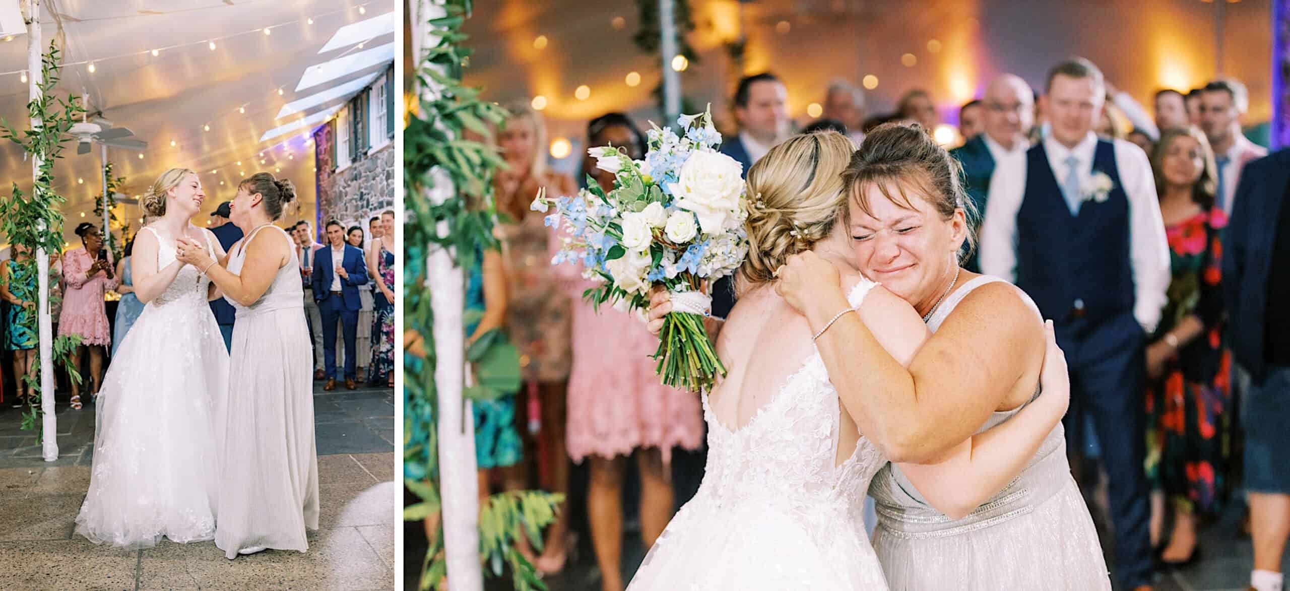 Two women in formal dresses dance together at a Summer Wedding at Appleford Estate; in a second frame, they share an emotional embrace, surrounded by guests in the beautifully decorated venue.