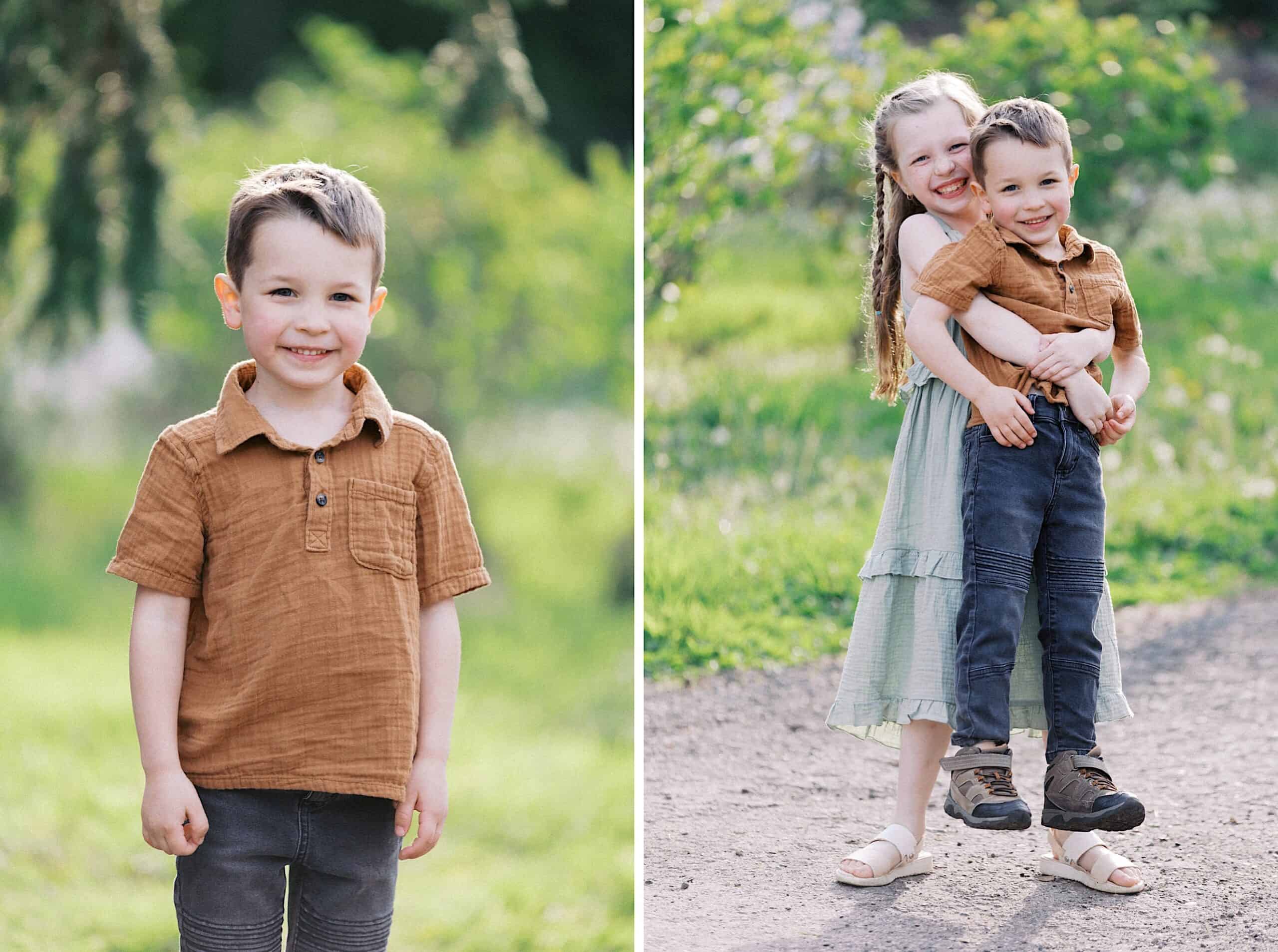 A young boy in a brown shirt stands smiling outdoors; in the second photo, a girl in a green dress hugs and lifts the boy, both smiling in a sunlit setting.