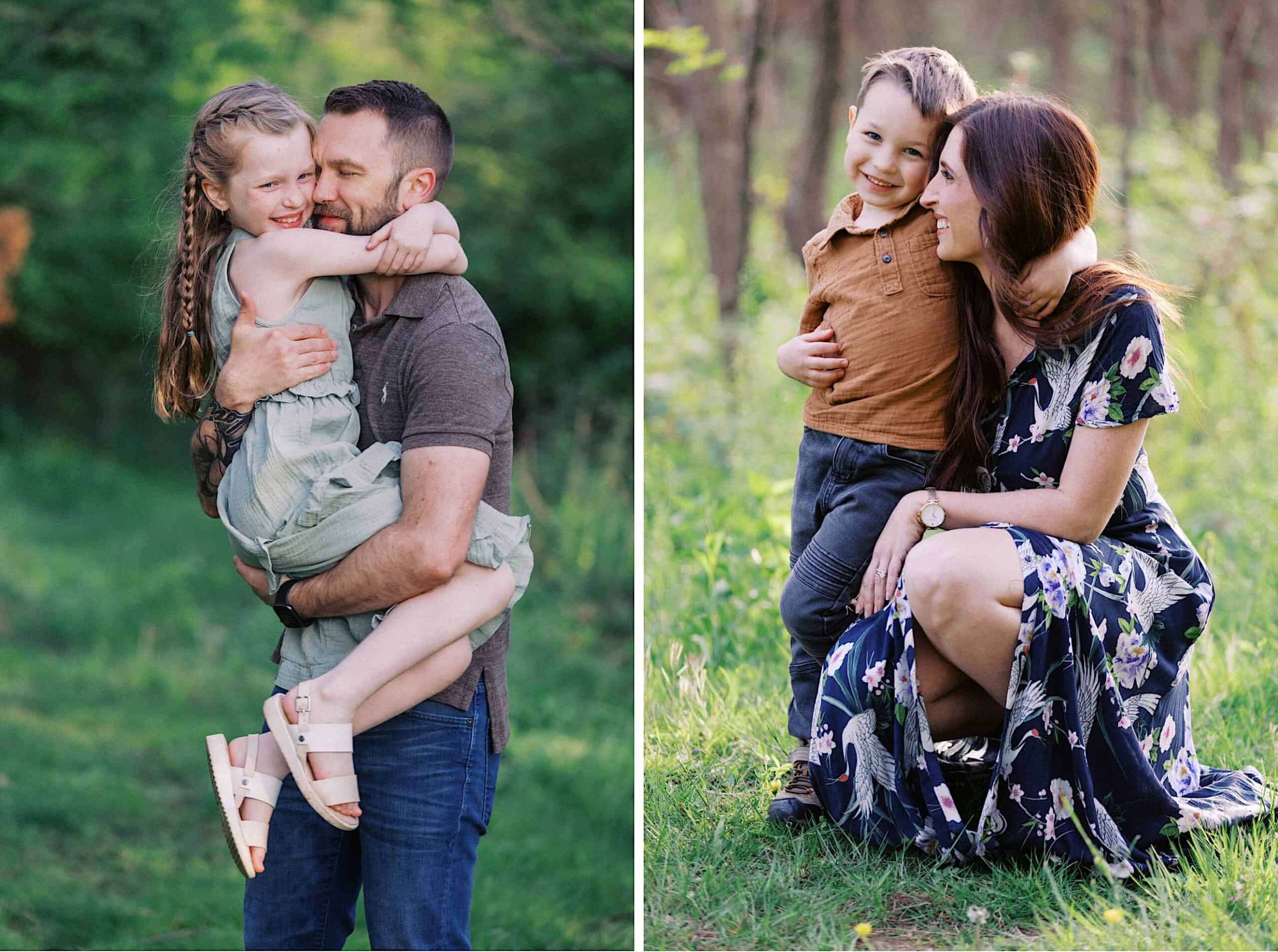 Split image: On the left, a man holds a smiling girl outdoors; on the right, a woman kneels beside a smiling boy, both in a grassy, wooded area.