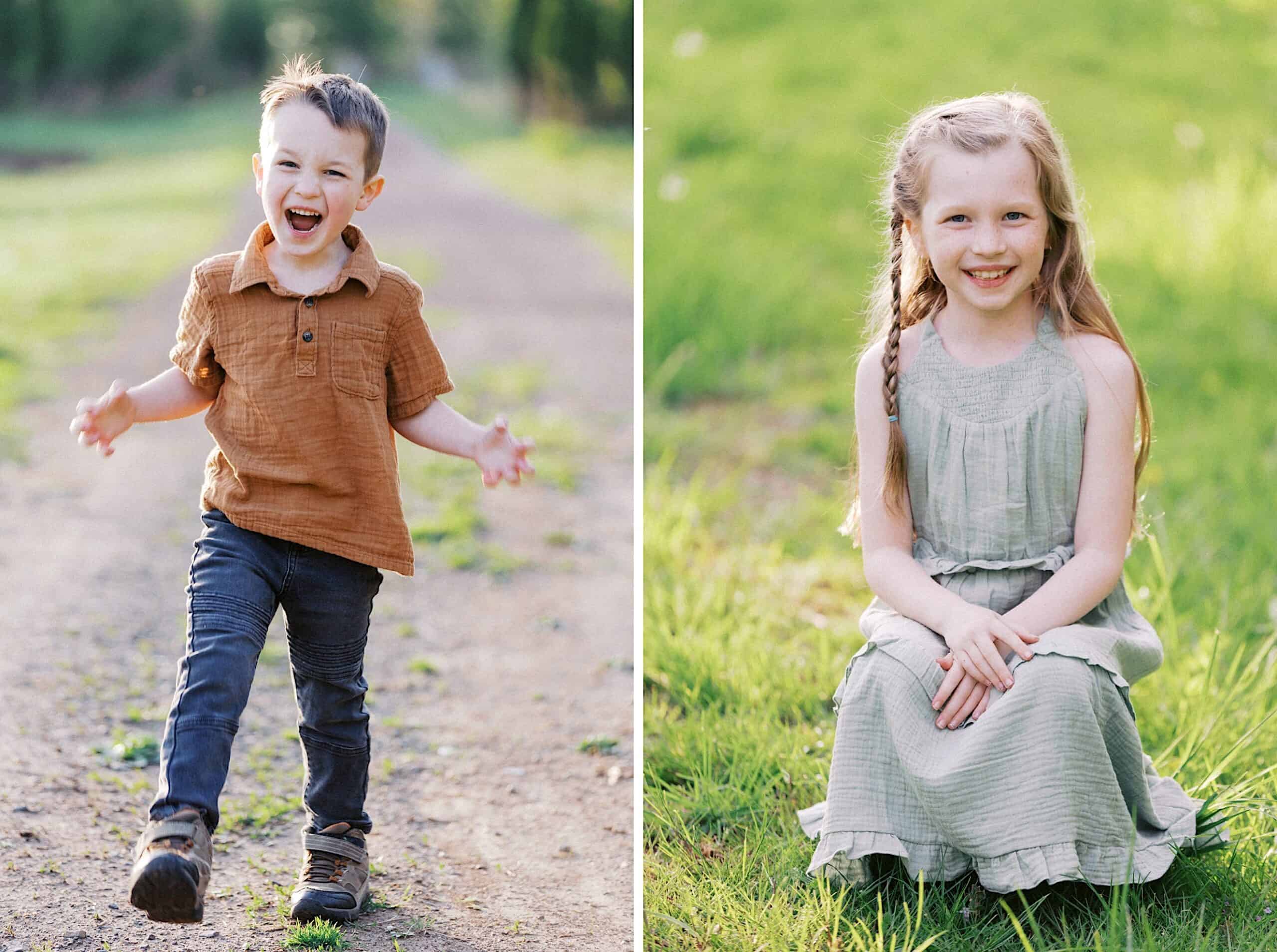 Split image: On the left, a young boy in a brown shirt and jeans laughs while walking outdoors. On the right, a young girl in a light green dress sits and smiles on the grass.