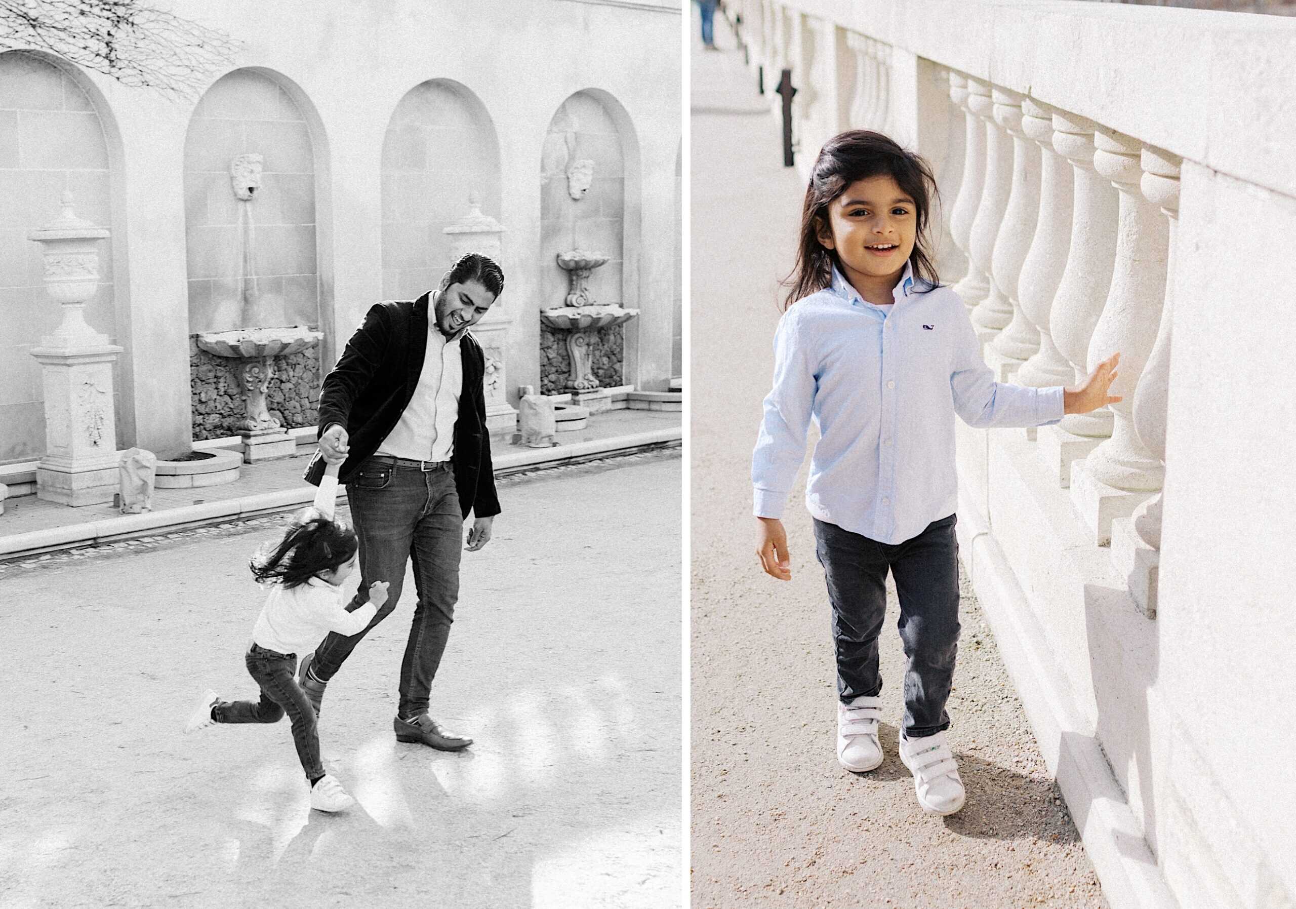 A man twirls a young girl by the hand in a courtyard; the girl walks alone by a stone railing in a separate photo.
