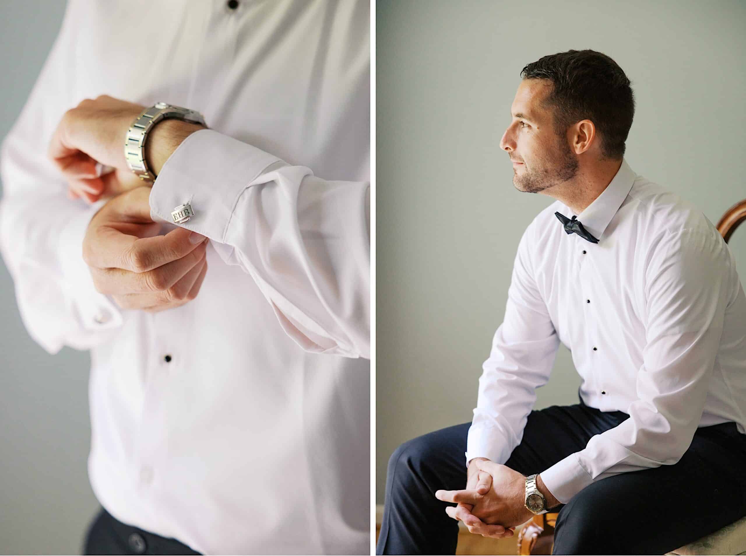 Split image: On the left, a man fastens a cufflink on his white dress shirt. On the right, he sits dressed elegantly for a luxurious wedding at The Ivy at Ellis Preserve, wearing a white shirt, black bow tie, and dark pants.