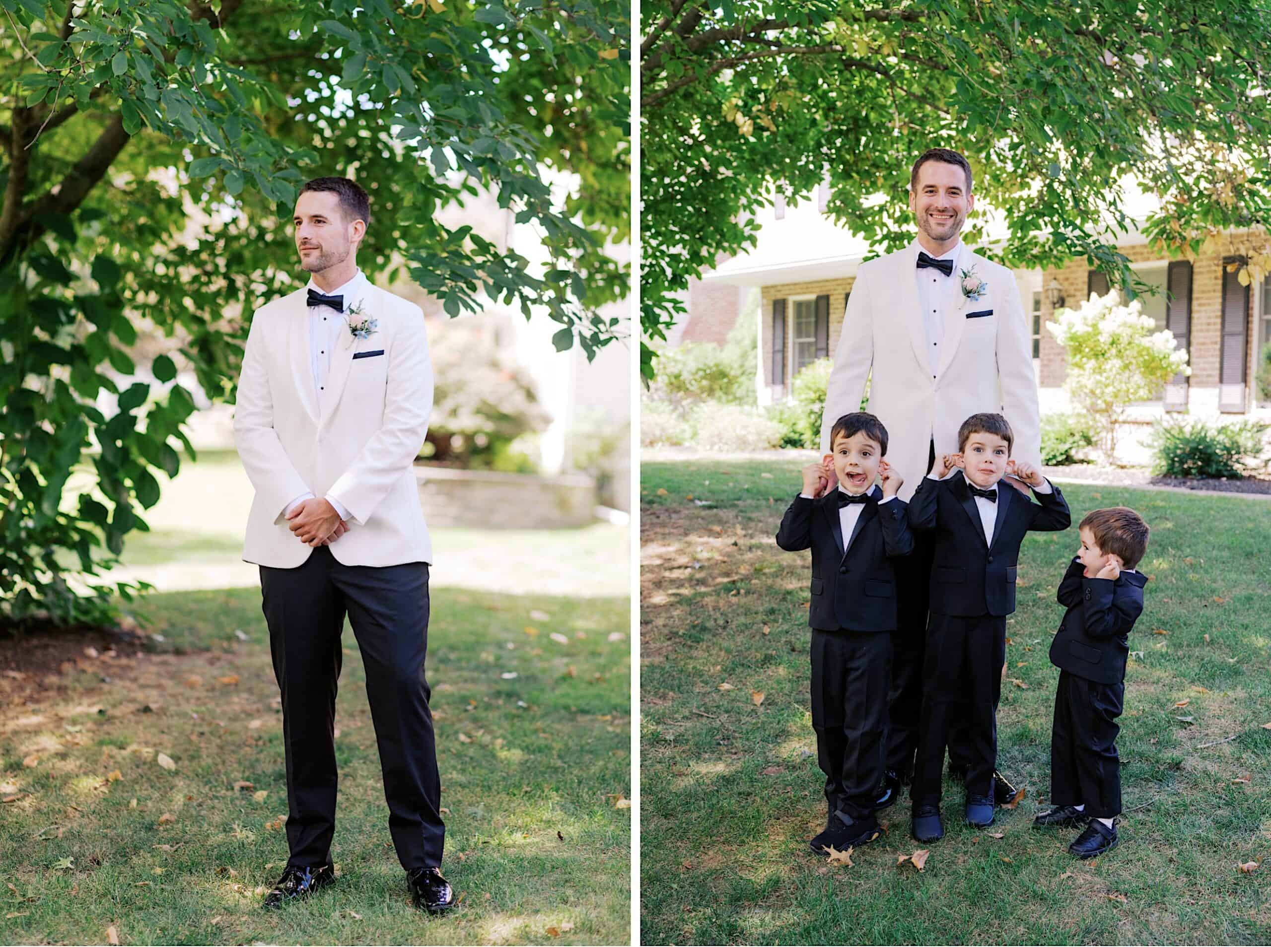 Left: A man in a white tuxedo jacket stands outdoors. Right: The same man poses outside with three young boys in black tuxedos, two making funny faces—capturing joyful moments from a luxurious wedding at The Ivy at Ellis Preserve.