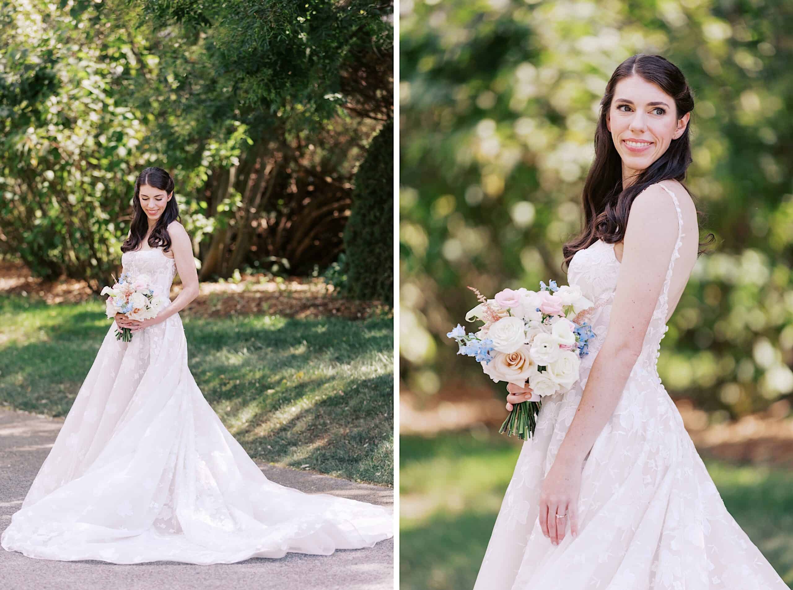 A bride in a white wedding dress holding a bouquet of flowers stands outdoors on a sunny day, surrounded by greenery at a luxurious wedding at The Ivy at Ellis Preserve.