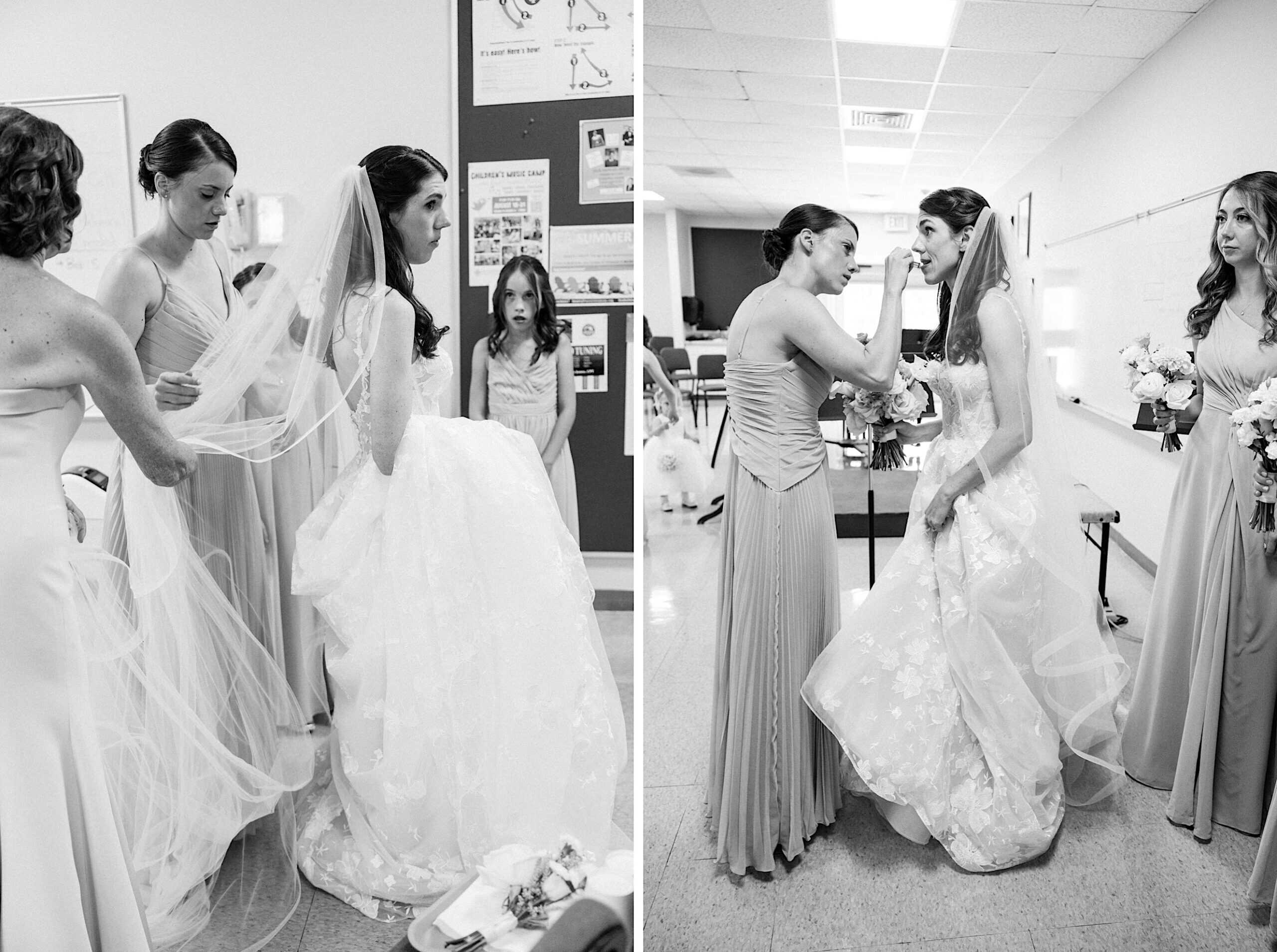 Two black-and-white photos capture a luxurious wedding at The Ivy at Ellis Preserve, as a bride gets ready in the dressing room—one bridesmaid adjusts her veil while another perfects her makeup.