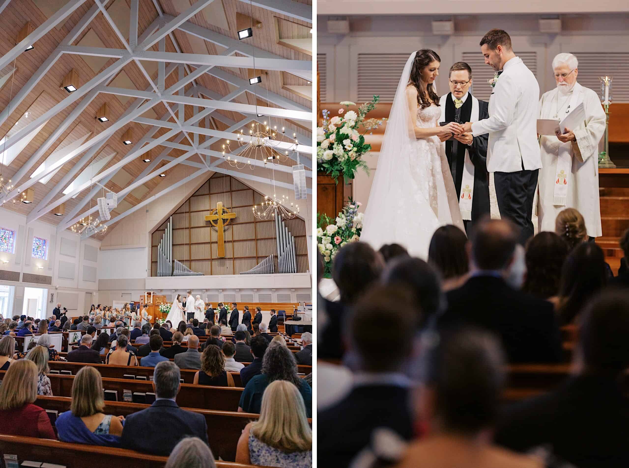 A bride and groom exchange rings during a luxurious wedding at The Ivy at Ellis Preserve, with guests seated in the elegant church and clergy presiding at the altar.