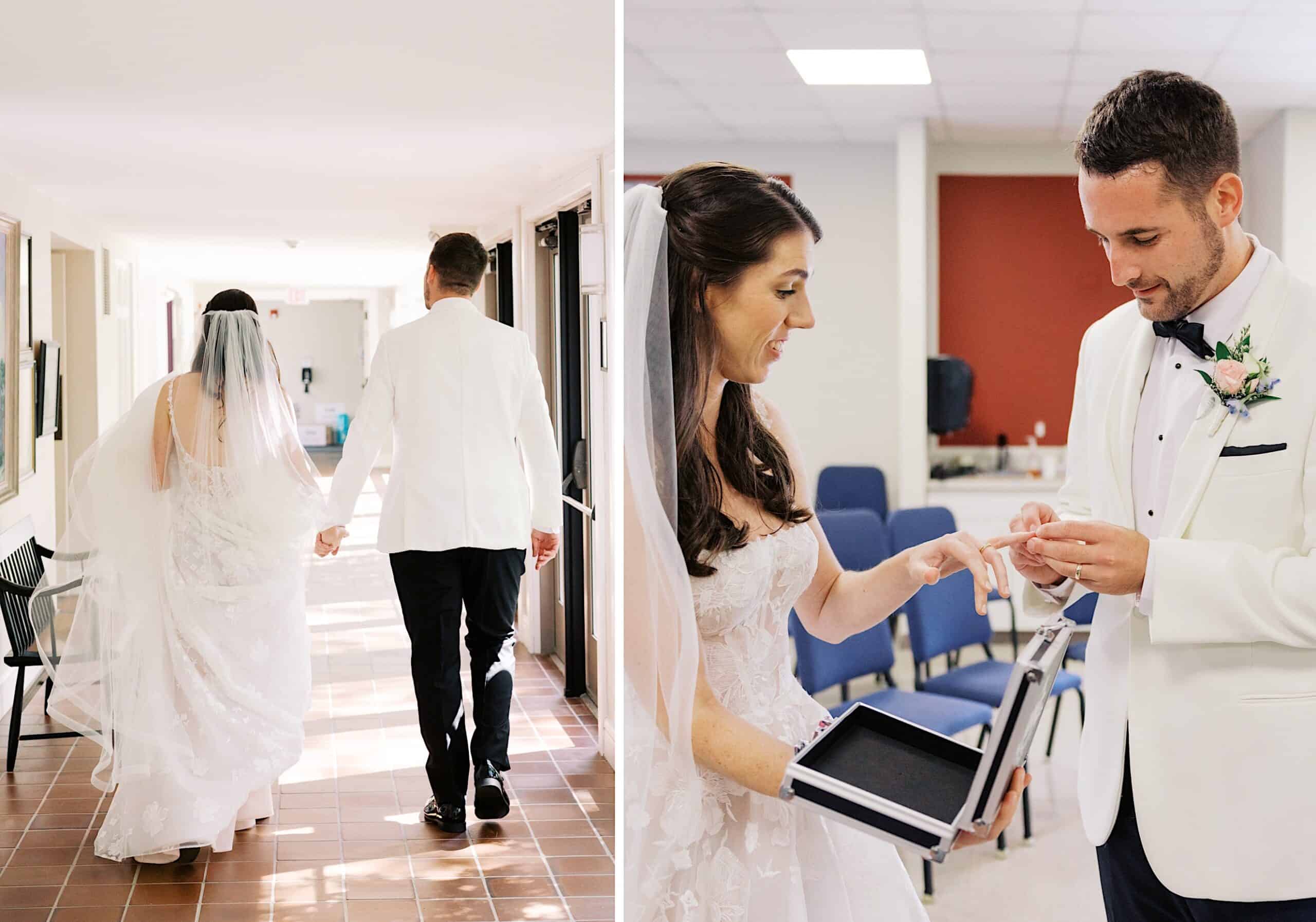 A bride and groom in white attire walk down a hallway and later exchange rings in a room with blue chairs during their luxurious wedding at The Ivy at Ellis Preserve.