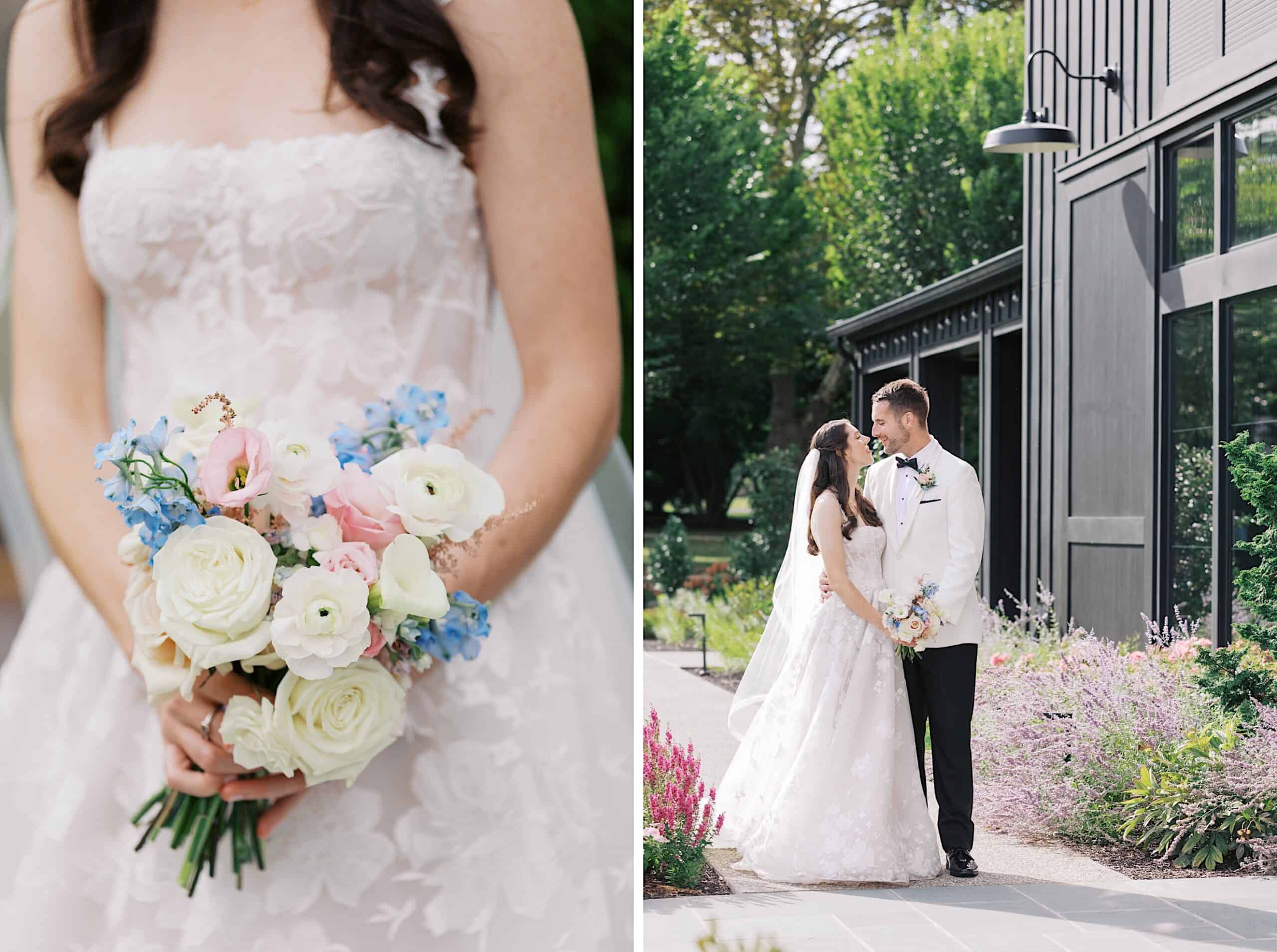 A bride in a white floral dress holds a pastel bouquet; next to it, a bride and groom smile outside a modern building surrounded by greenery during their luxurious wedding at The Ivy at Ellis Preserve.