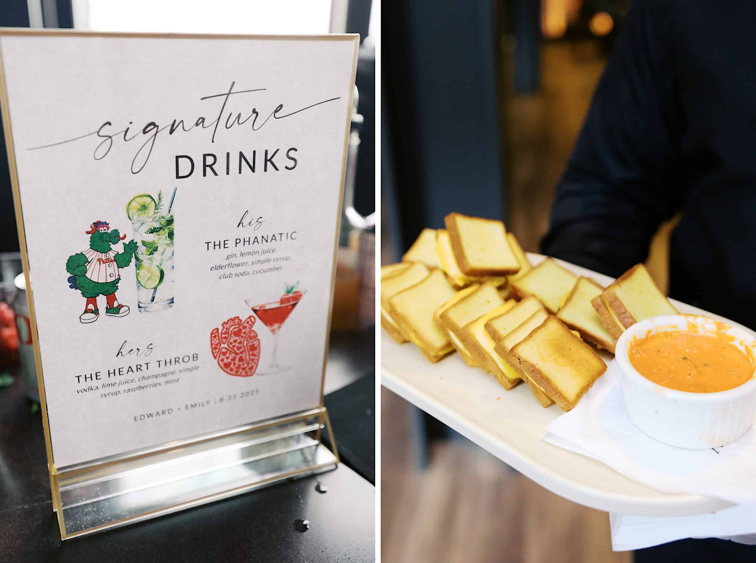 A sign displays two signature drinks, “The Phantic” and “The Heart Throb.” Beside it, a tray holds rectangular crackers and a bowl of orange dip at a luxurious wedding at The Ivy at Ellis Preserve.
