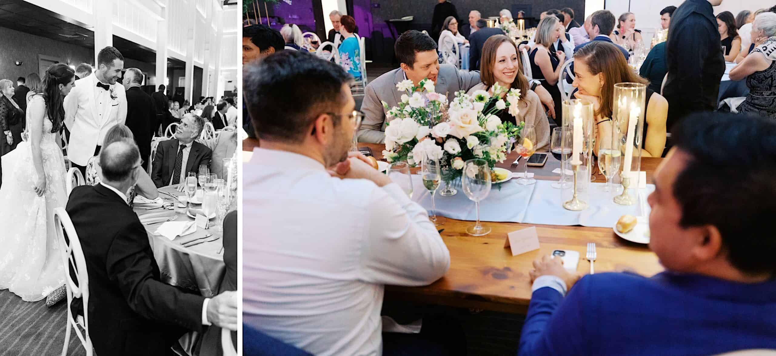 The image is split: on the left, a black-and-white scene of a bride and groom greeting seated guests at a luxurious wedding at The Ivy at Ellis Preserve; on the right, guests sit at a decorated table, talking and smiling.